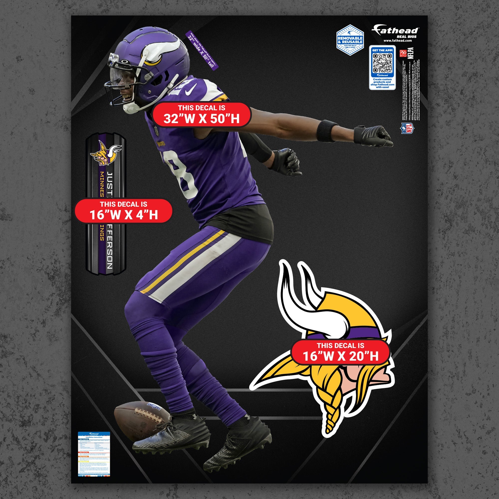 Justin Jefferson - RealBig Griddy Collection - Official NFL - Minnesota Vikings - Reusable Vinyl Wall Decals