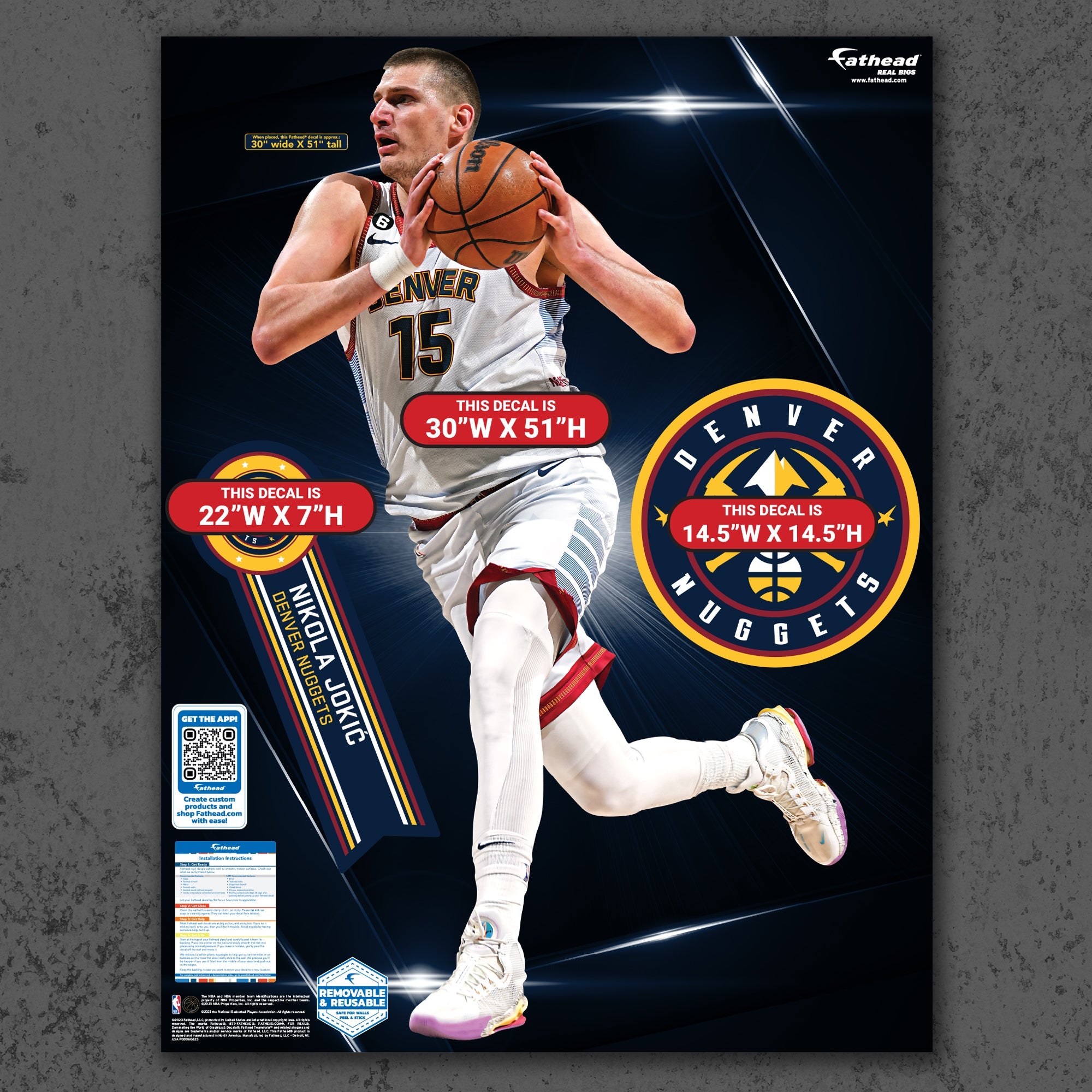 Nikola Jokic - Realbig City Jersey Collection - Official NBA - Denver Nuggets - Reusable Vinyl Wall Decals