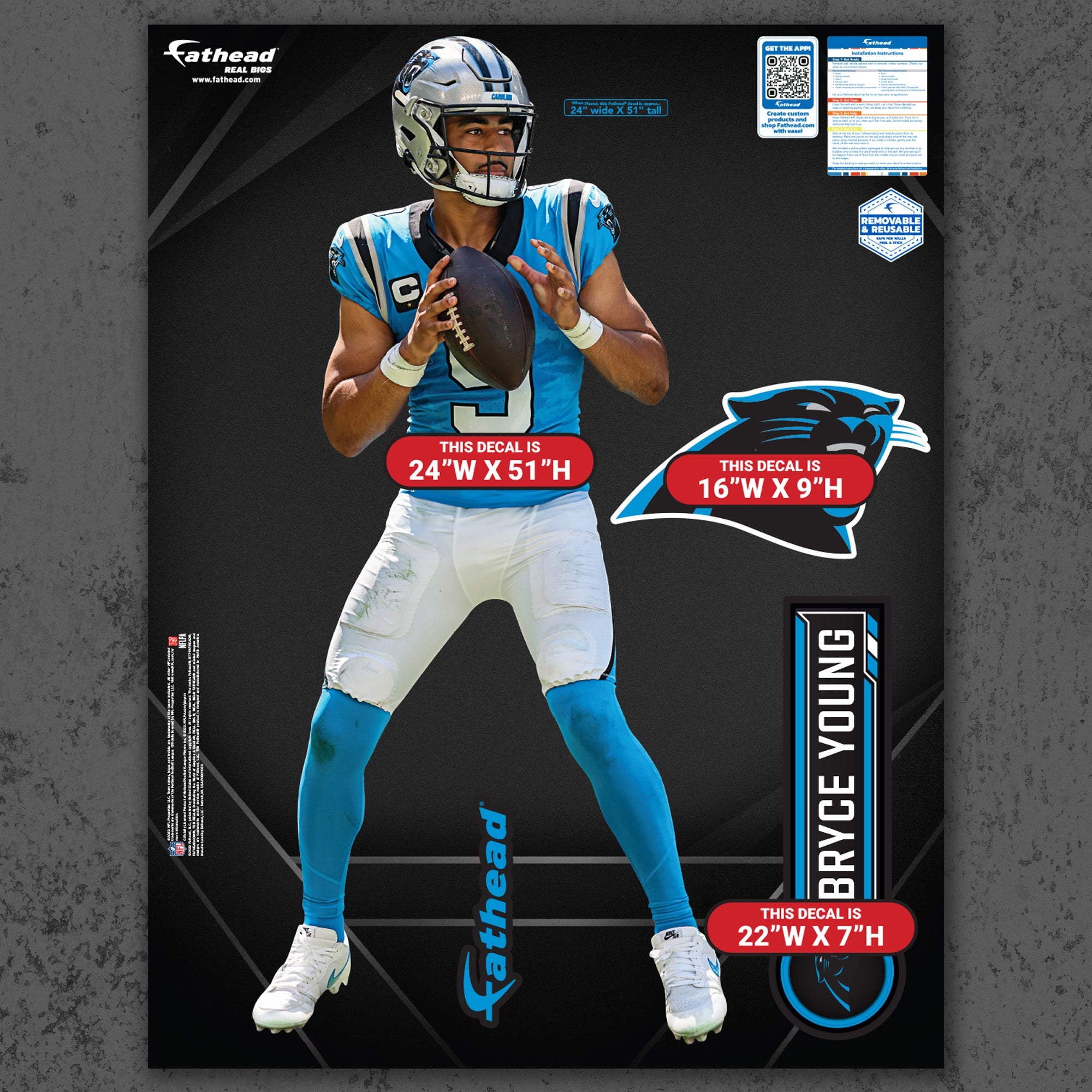 Bryce Young - RealBig Blue Jersey Collection - Official NFL - Carolina Panthers - Reusable Vinyl Wall Decals