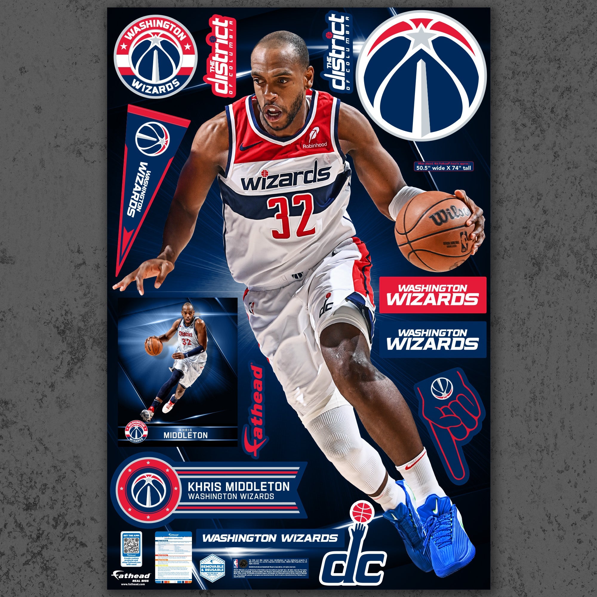 Khris Middleton - RealBig Collection - Official NBA - Washington Wizards - Reusable Vinyl Wall Decals