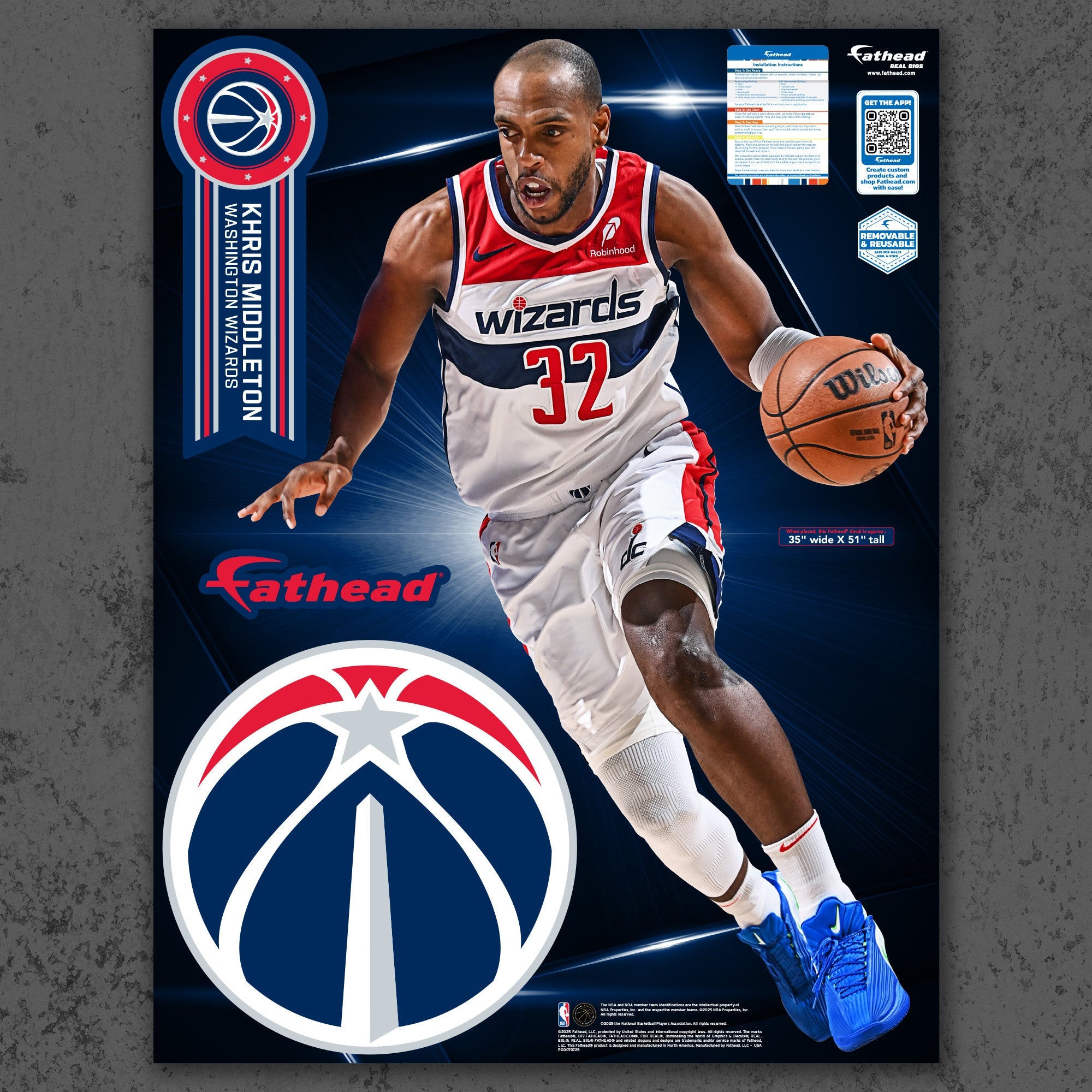 Khris Middleton - RealBig Collection - Official NBA - Washington Wizards - Reusable Vinyl Wall Decals