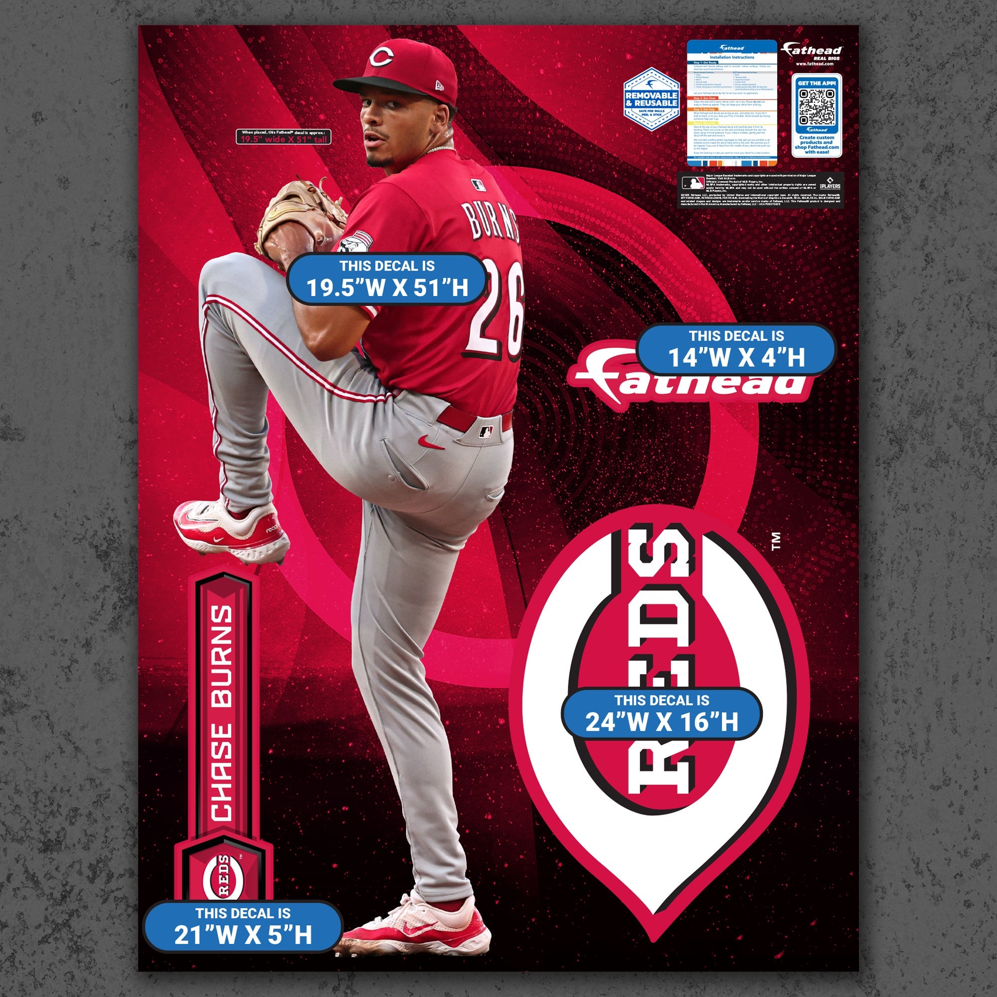 Chase Burns - RealBig Collection - Official MLB - Cincinnati Reds - Reusable Vinyl Wall Decals