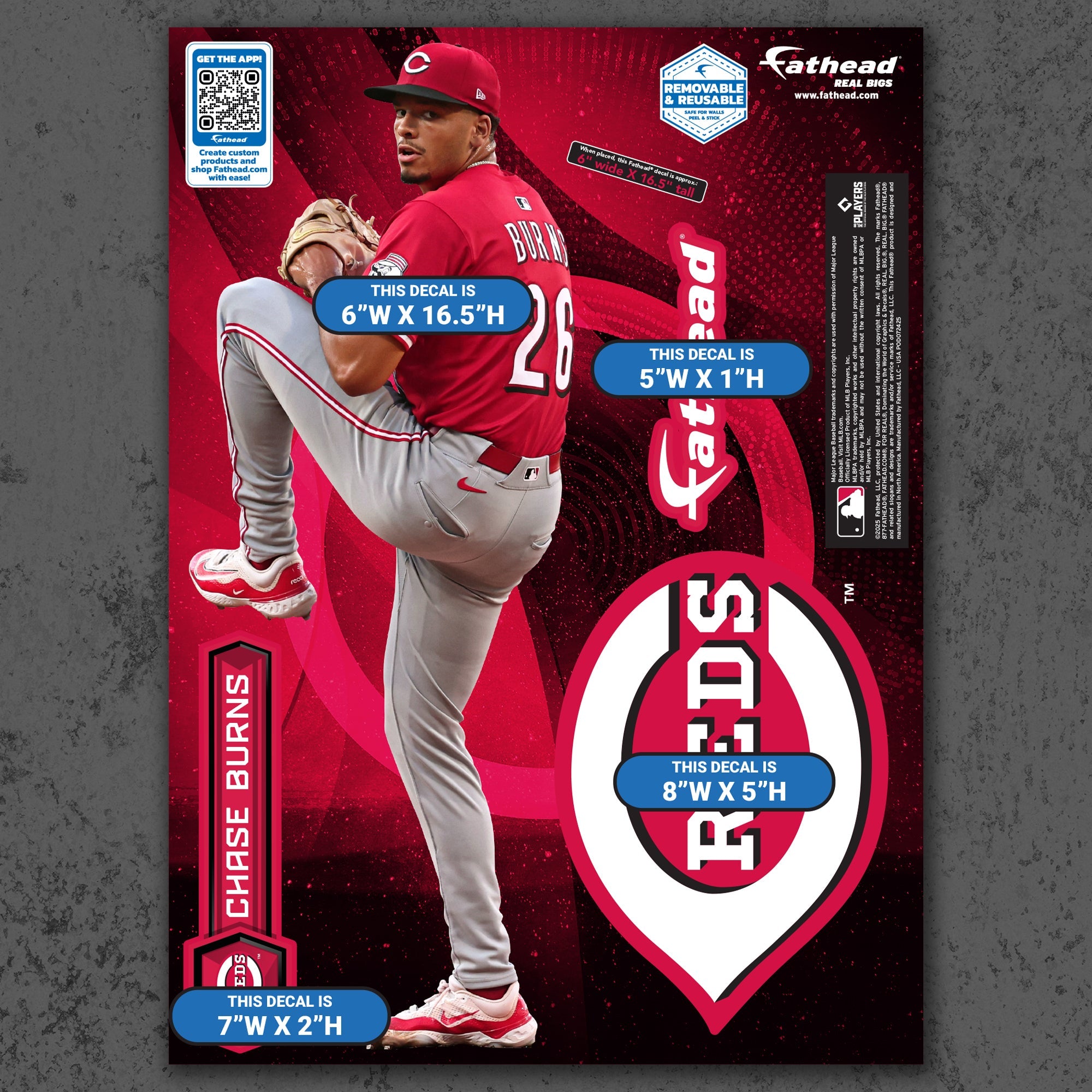 Chase Burns - RealBig Collection - Official MLB - Cincinnati Reds - Reusable Vinyl Wall Decals