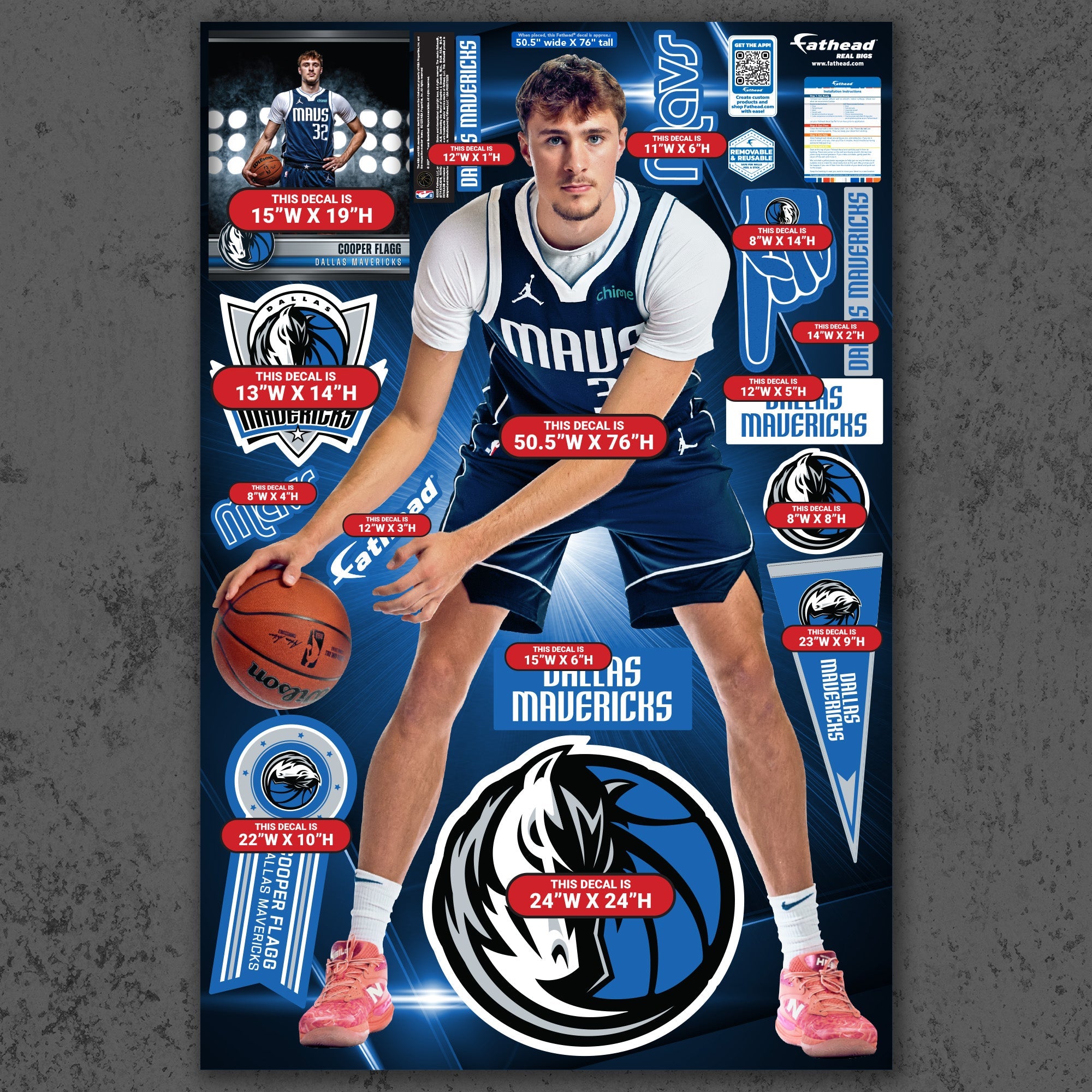 Cooper Flagg - RealBig Preseason Collection - Official NBA - Dallas Mavericks - Reusable Vinyl Wall Decals