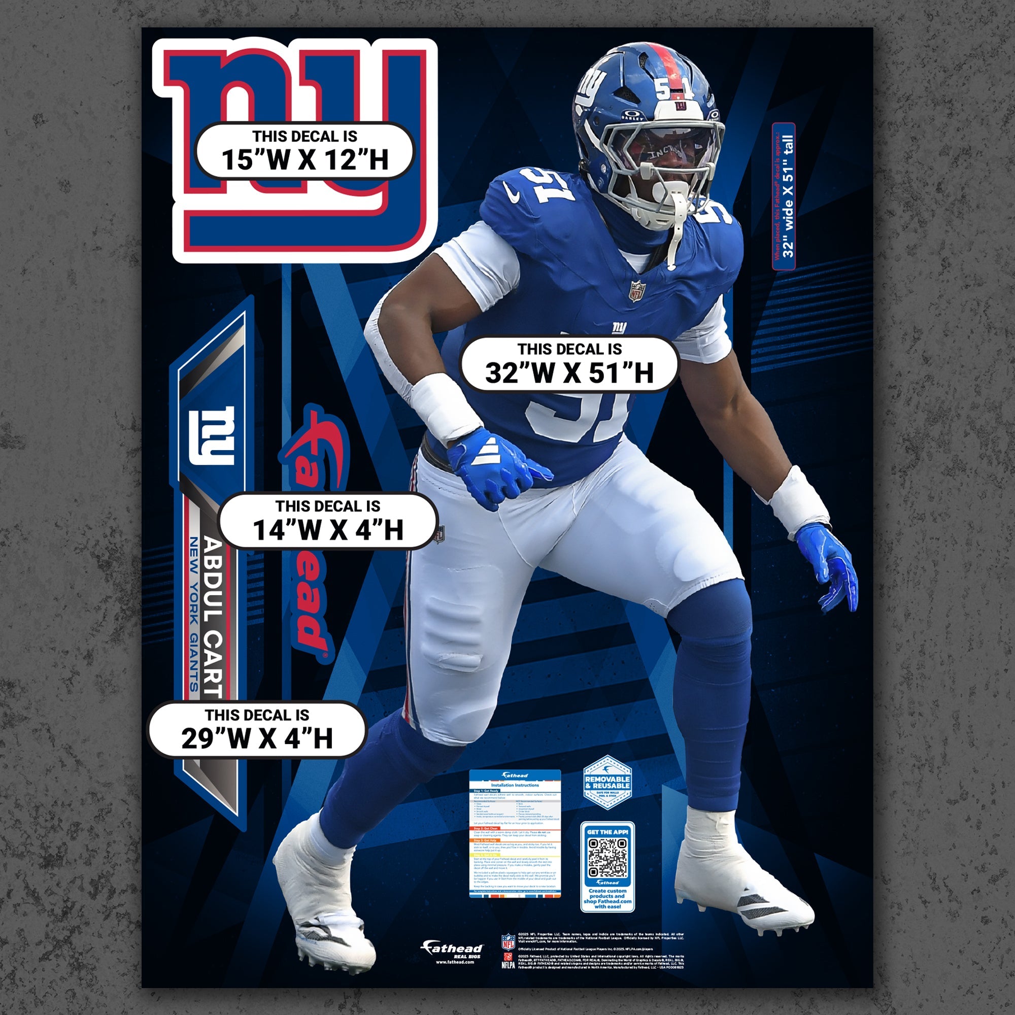 Abdul Carter - RealBig Collection - Official NFL - New York Giants - Reusable Vinyl Wall Decals