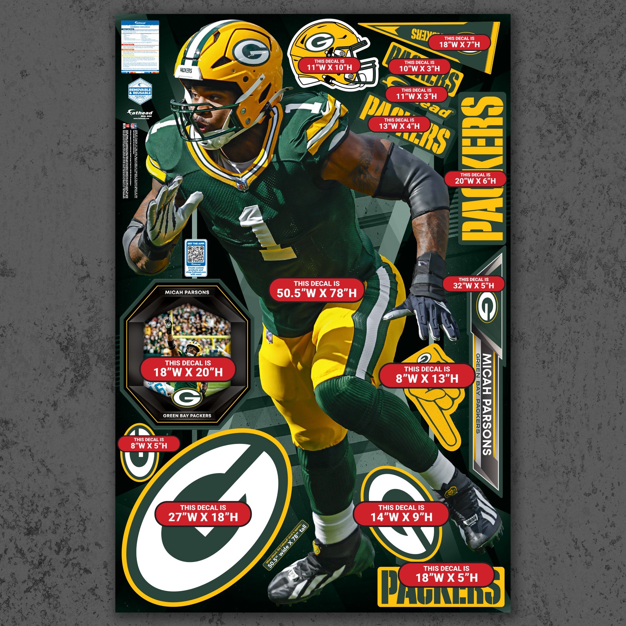 Micah Parsons - RealBig Collection - Official NFL - Green Bay Packers - Reusable Vinyl Wall Decals