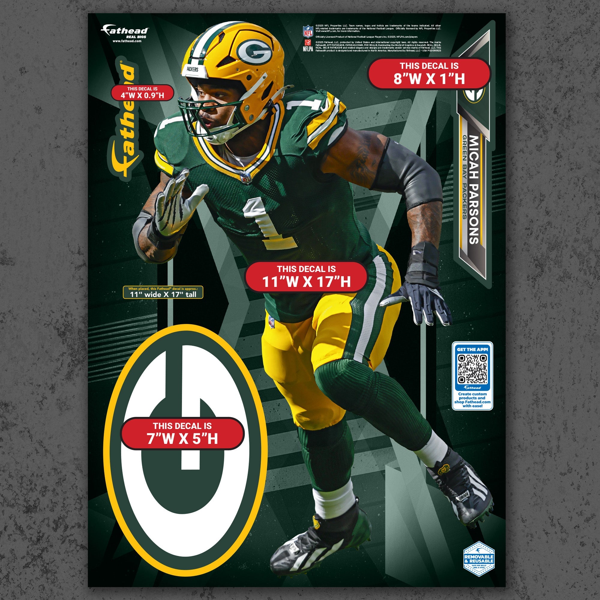 Micah Parsons - RealBig Collection - Official NFL - Green Bay Packers - Reusable Vinyl Wall Decals