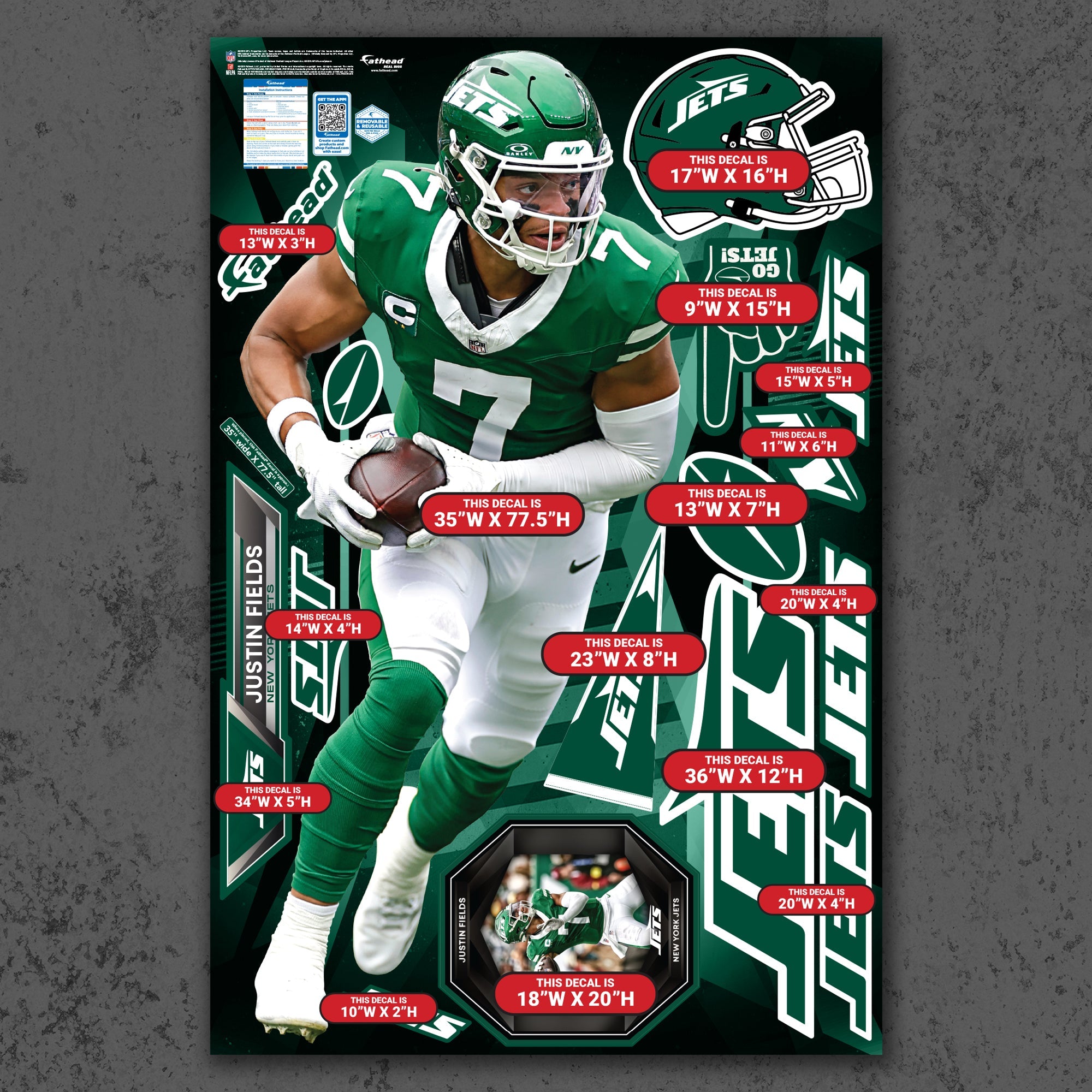 Justin Fields - RealBig Collection - Official NFL - New York Jets - Reusable Vinyl Wall Decals