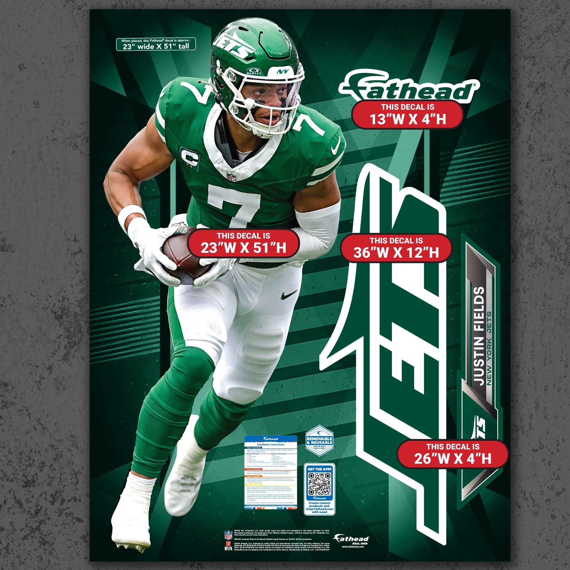 Justin Fields - RealBig Collection - Official NFL - New York Jets - Reusable Vinyl Wall Decals