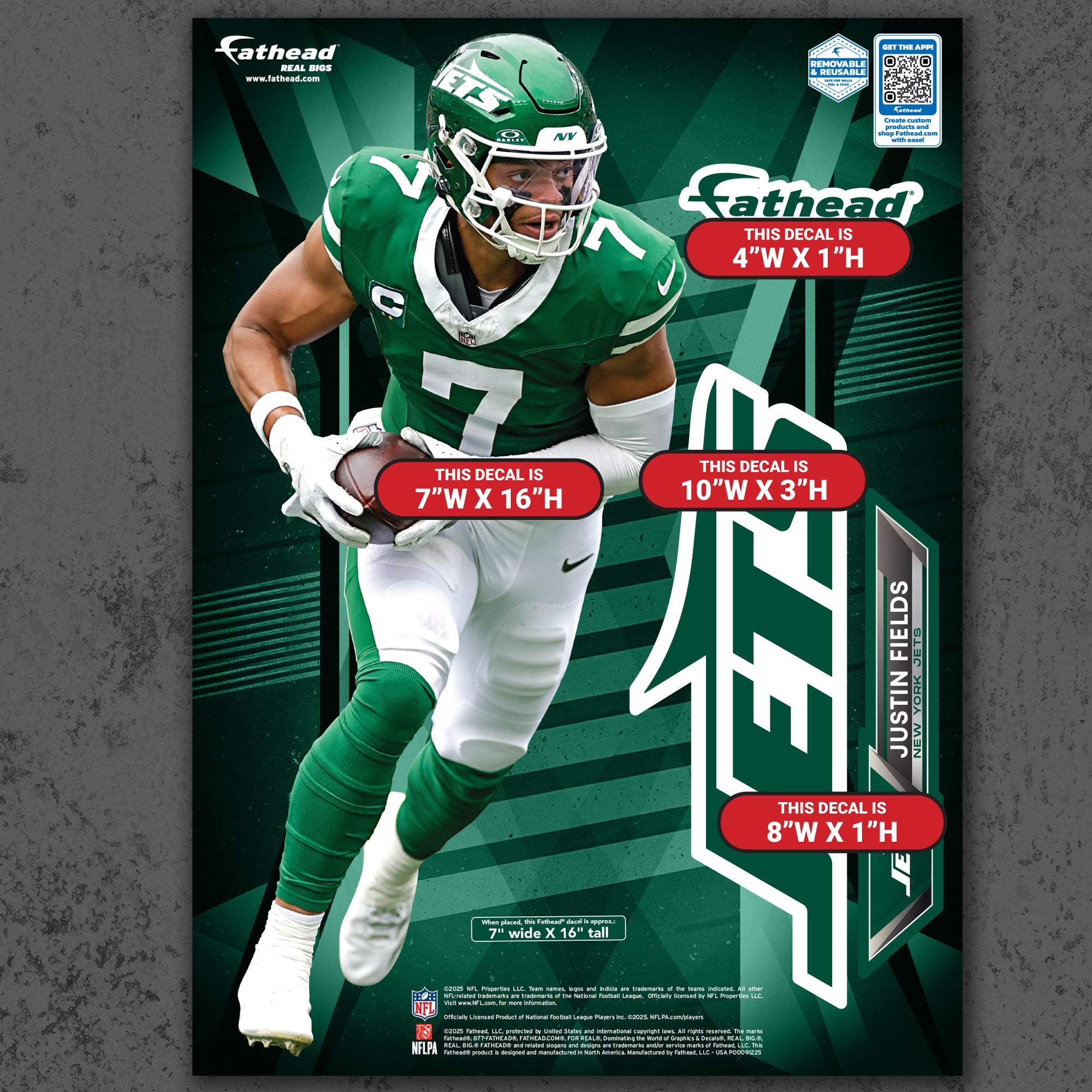 Justin Fields - RealBig Collection - Official NFL - New York Jets - Reusable Vinyl Wall Decals