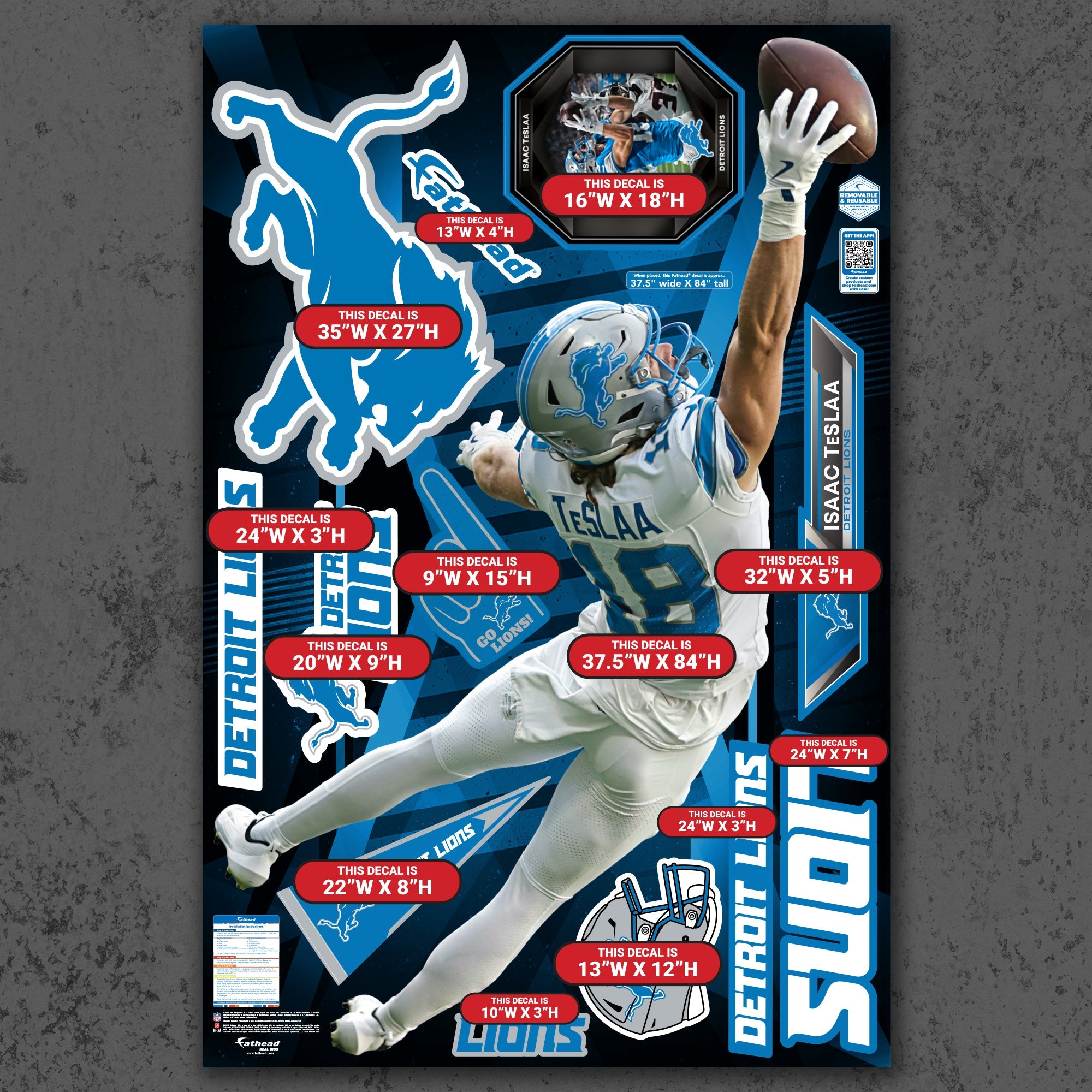 Isaac TeSlaa - RealBig One-Handed Catch Collection - Official NFL - Detroit Lions - Reusable Vinyl Wall Decals
