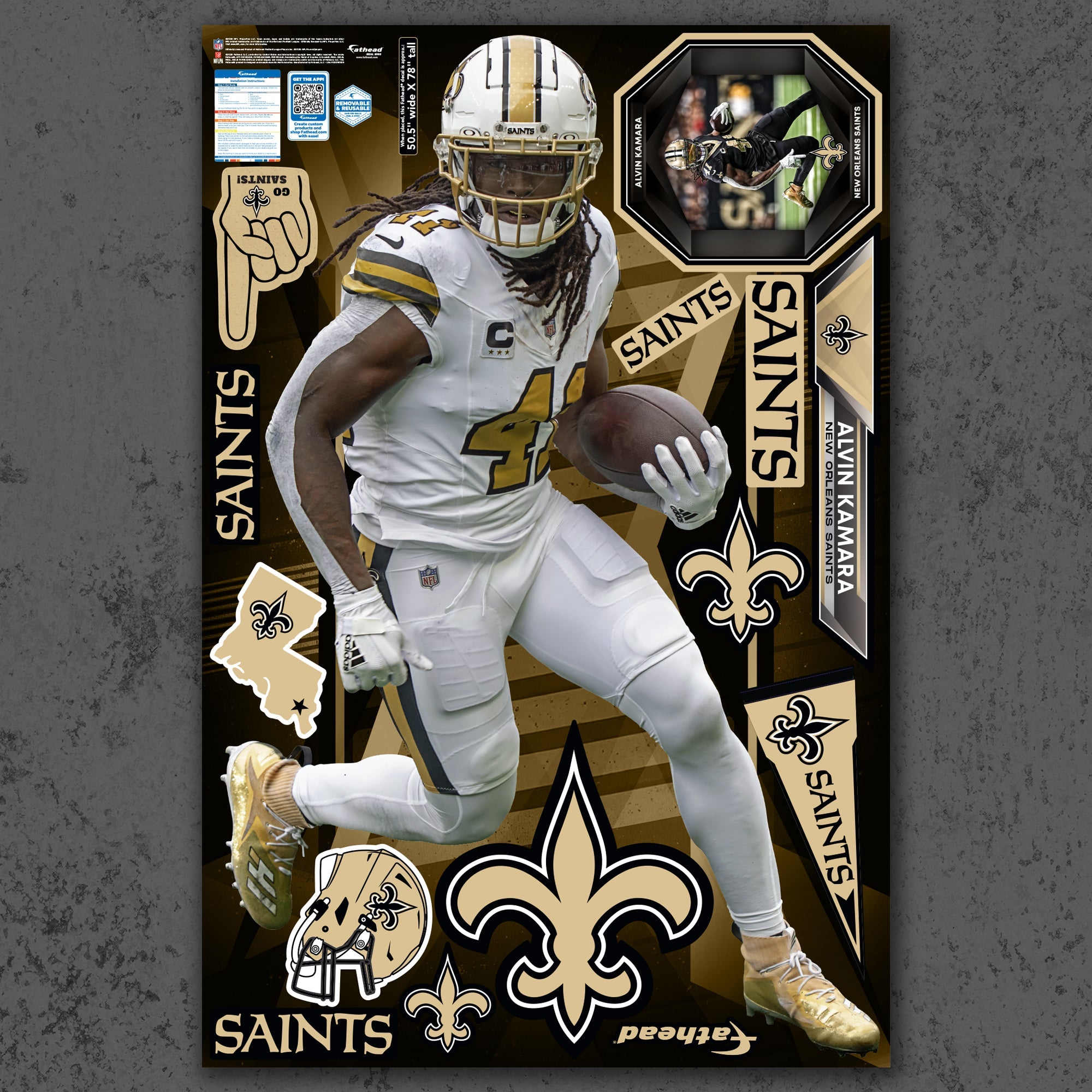 Alvin Kamara - RealBig Alternate Collection - Official NFL - New Orleans Saints - Reusable Vinyl Wall Decals