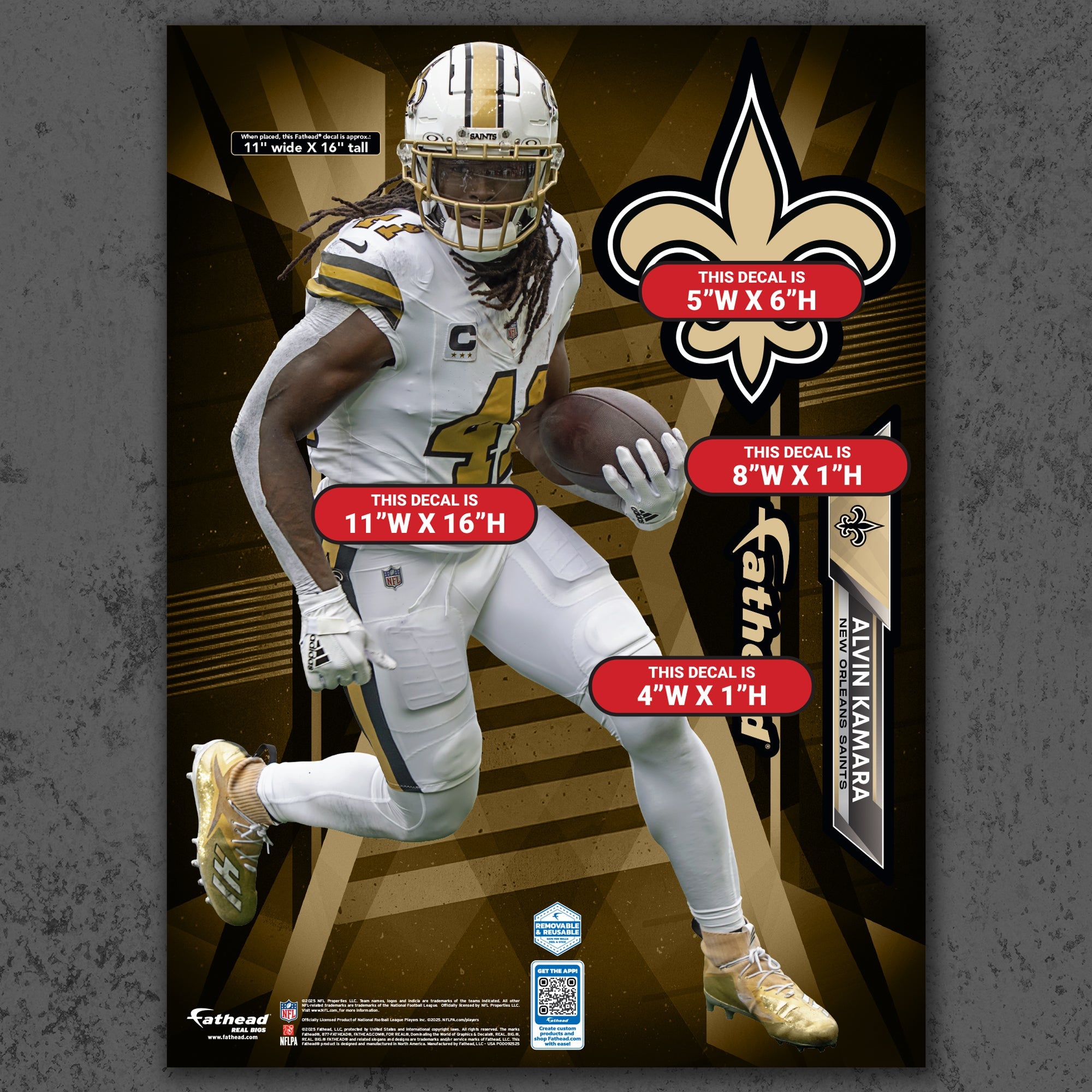 Alvin Kamara - RealBig Alternate Collection - Official NFL - New Orleans Saints - Reusable Vinyl Wall Decals