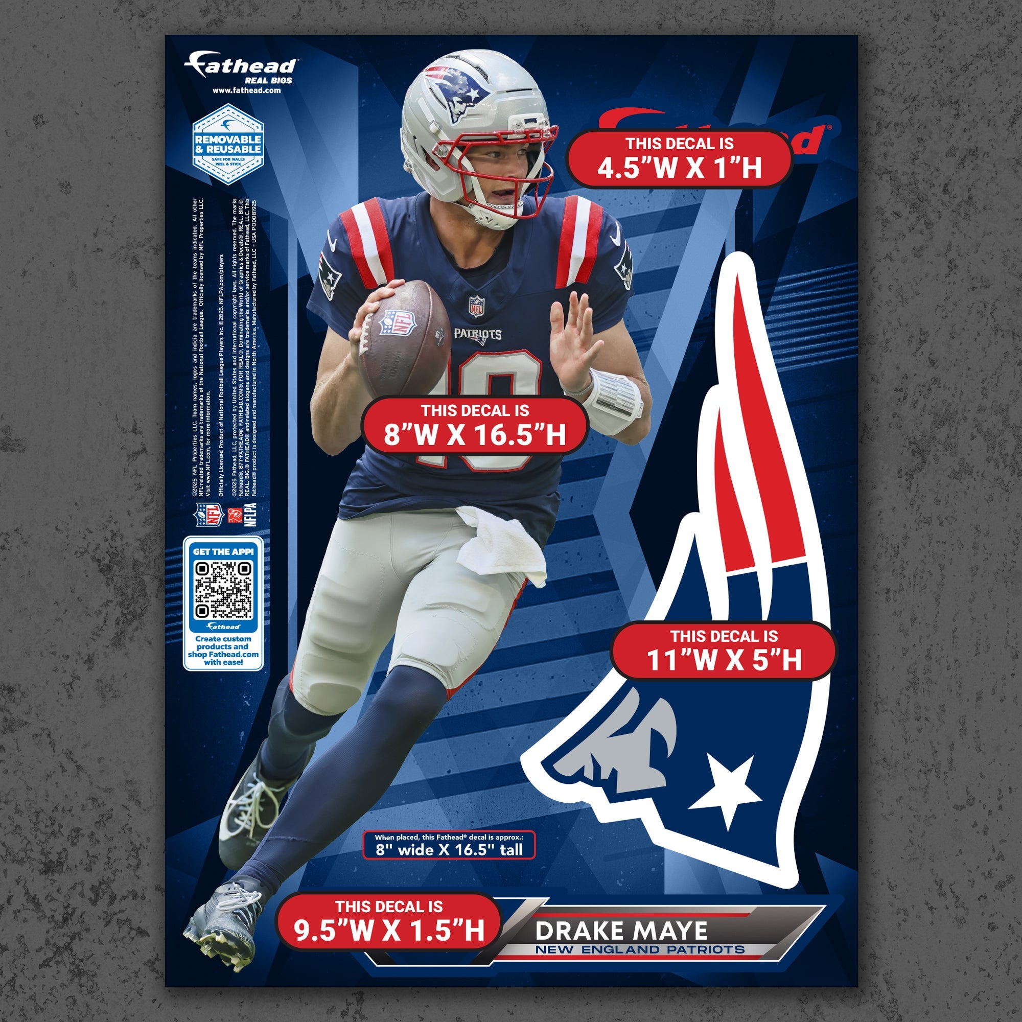 Drake Maye - RealBig Collection - Official NFL - New England Patriots - Reusable Vinyl Wall Decals