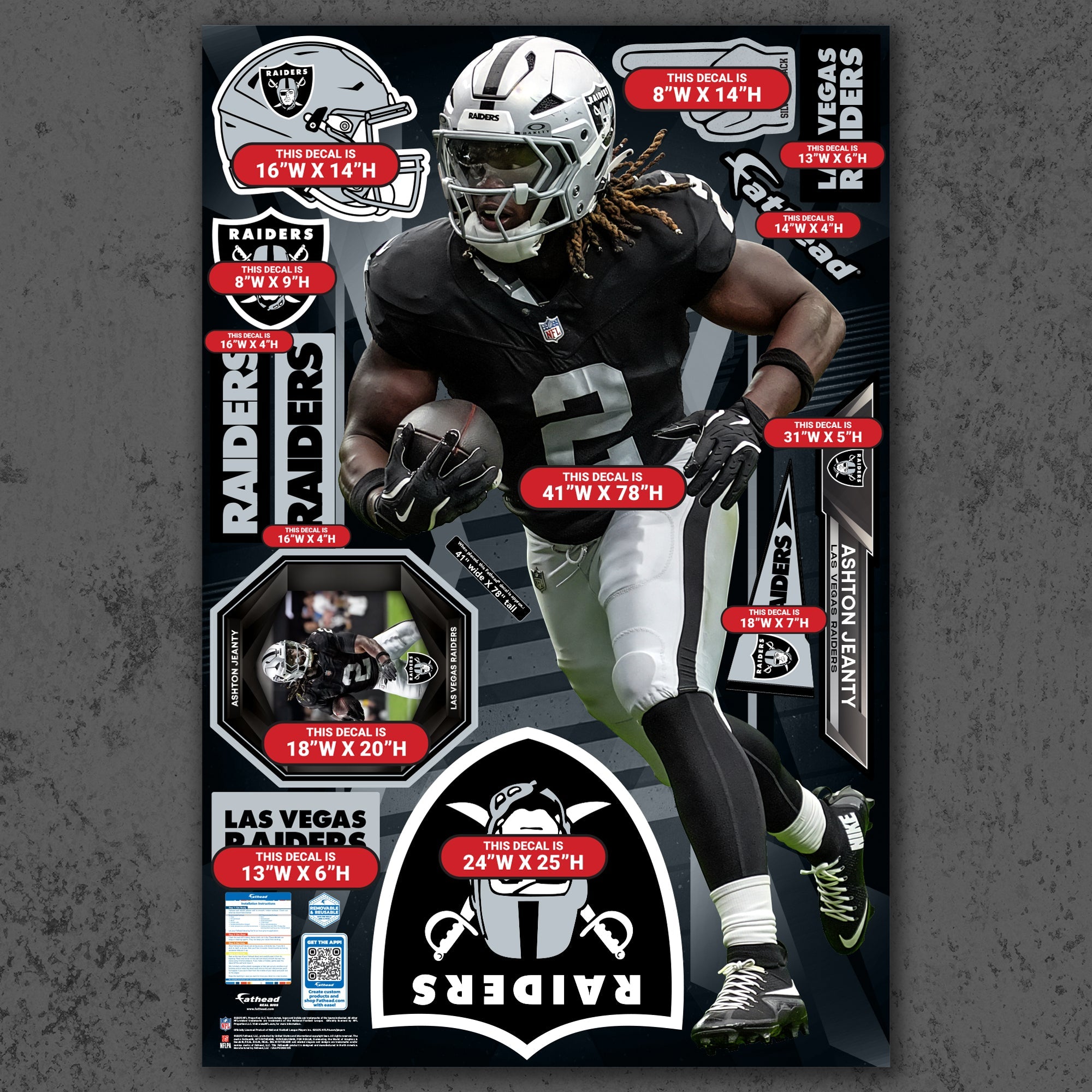 Ashton Jeanty - RealBig Collection - Official NFL - Las Vegas Raiders - Reusable Vinyl Wall Decals