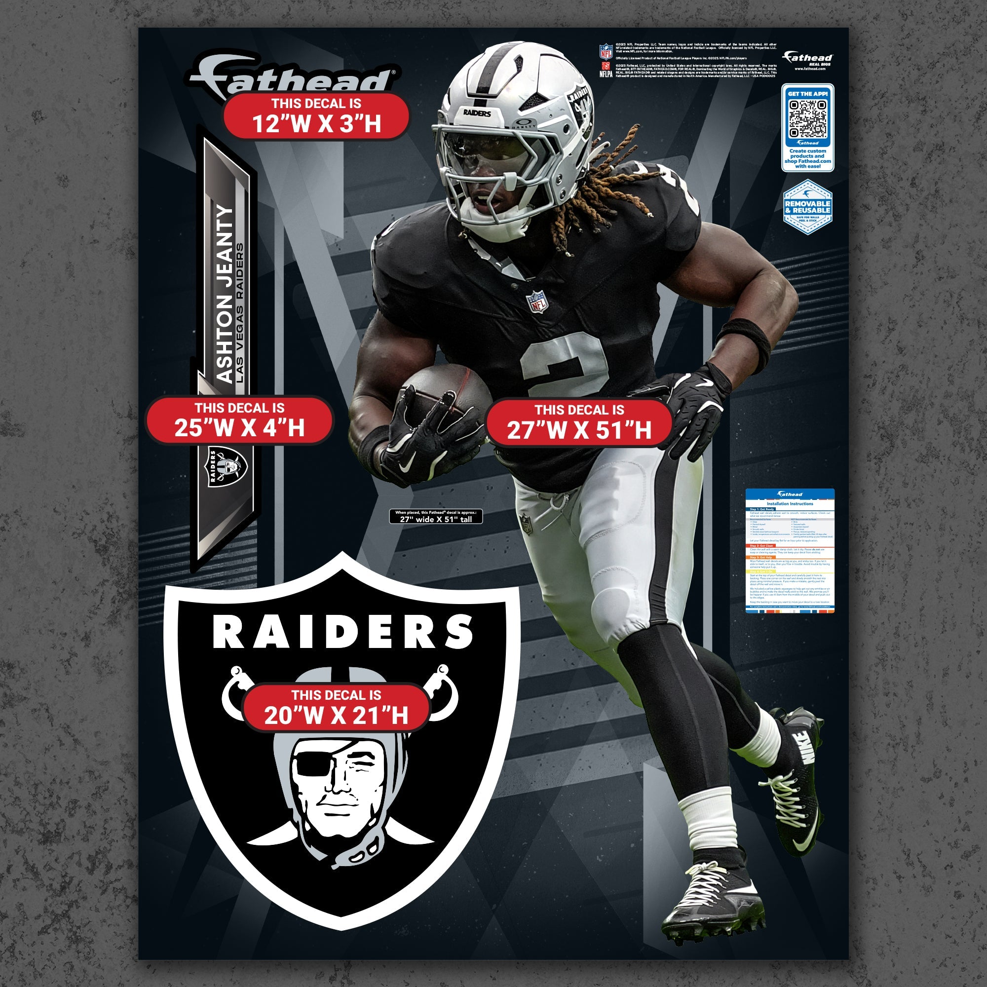 Ashton Jeanty - RealBig Collection - Official NFL - Las Vegas Raiders - Reusable Vinyl Wall Decals