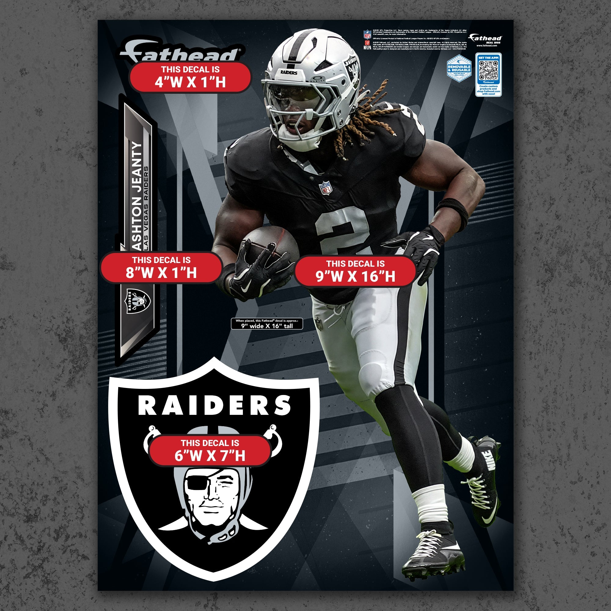 Ashton Jeanty - RealBig Collection - Official NFL - Las Vegas Raiders - Reusable Vinyl Wall Decals
