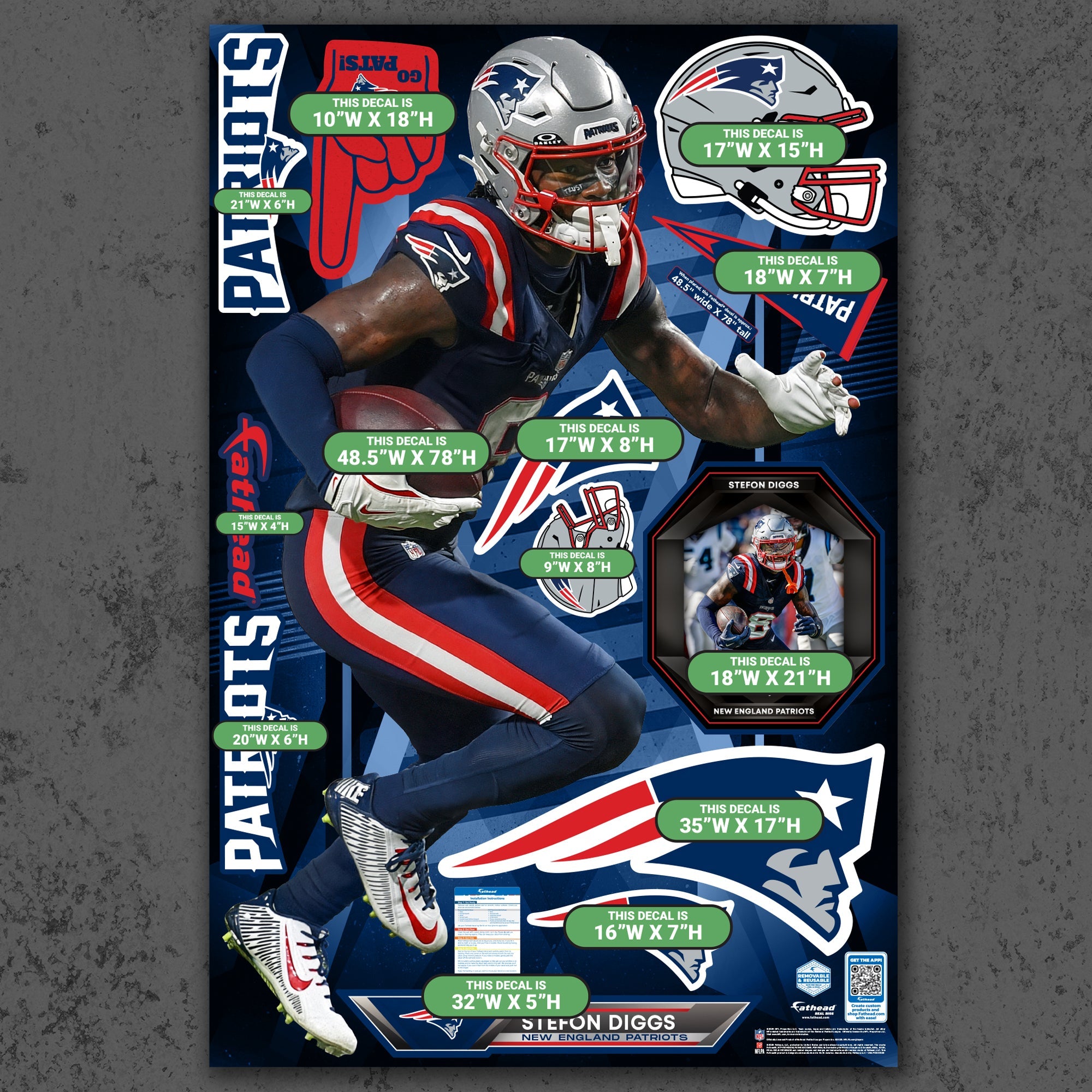 Stefon Diggs - RealBig Collection - Official NFL - New England Patriots - Reusable Vinyl Wall Decals