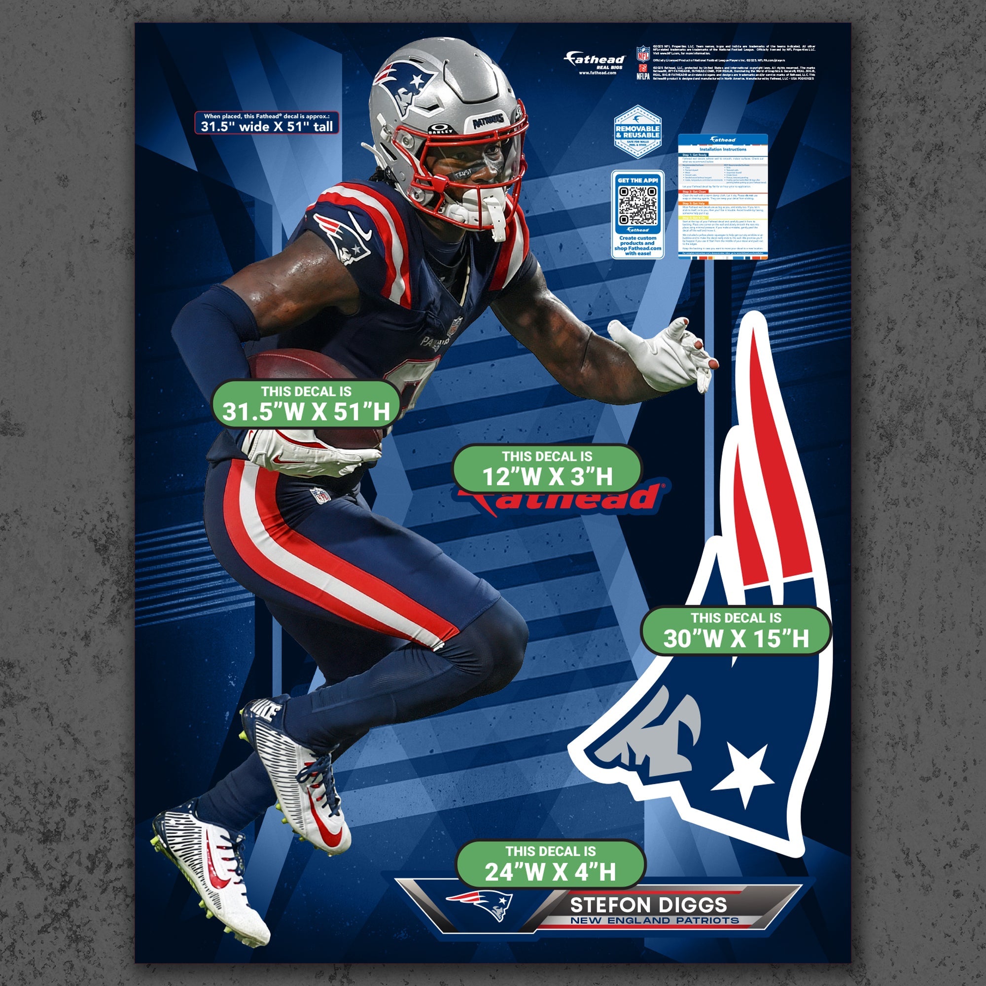 Stefon Diggs - RealBig Collection - Official NFL - New England Patriots - Reusable Vinyl Wall Decals