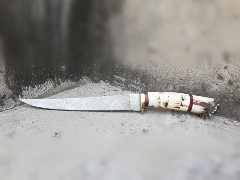 Damascus Steel Handmade Fillet Boning Knife with Stag Horn, Bone and Brass Finger Guard Handle, 12-Inch Overall Length