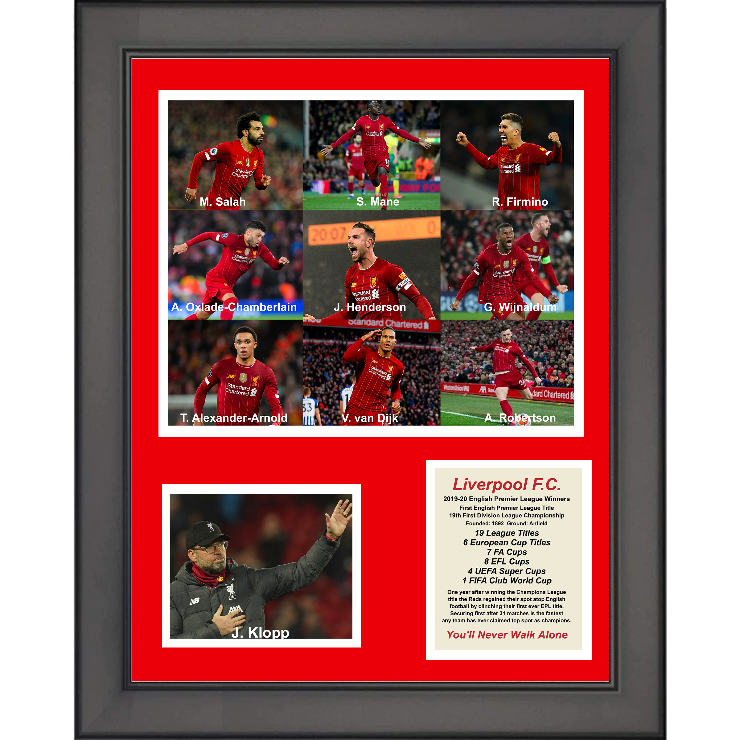 Framed Liverpool F.C. 2019-2020 Premier League Champions Soccer Futbol 11"x14" Mosaic Three Photo Collage