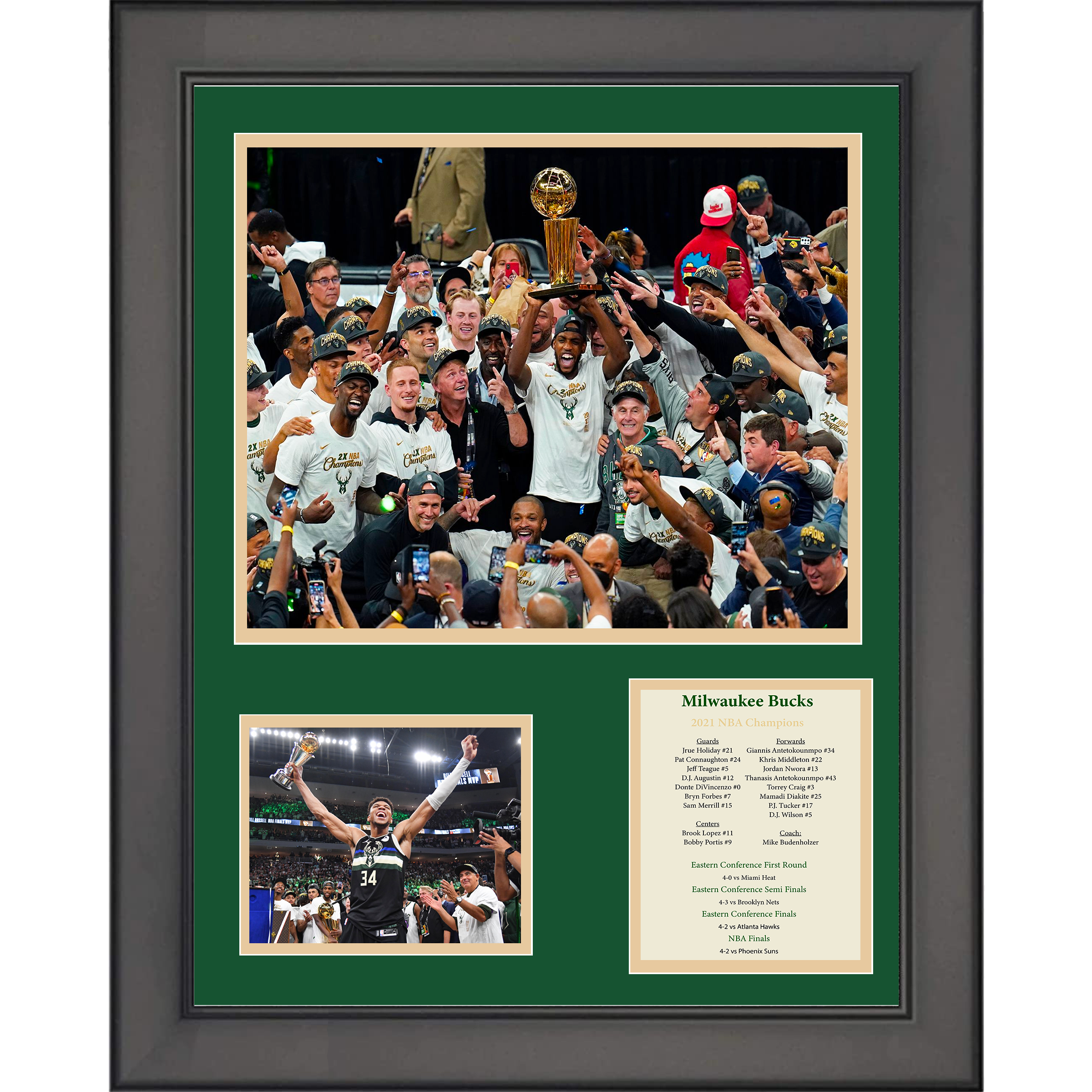 Framed Milwaukee Bucks 2021 NBA Finals Champions Giannis Antetokounmpo MVP Basketball 11"x14" Three Photo Collage