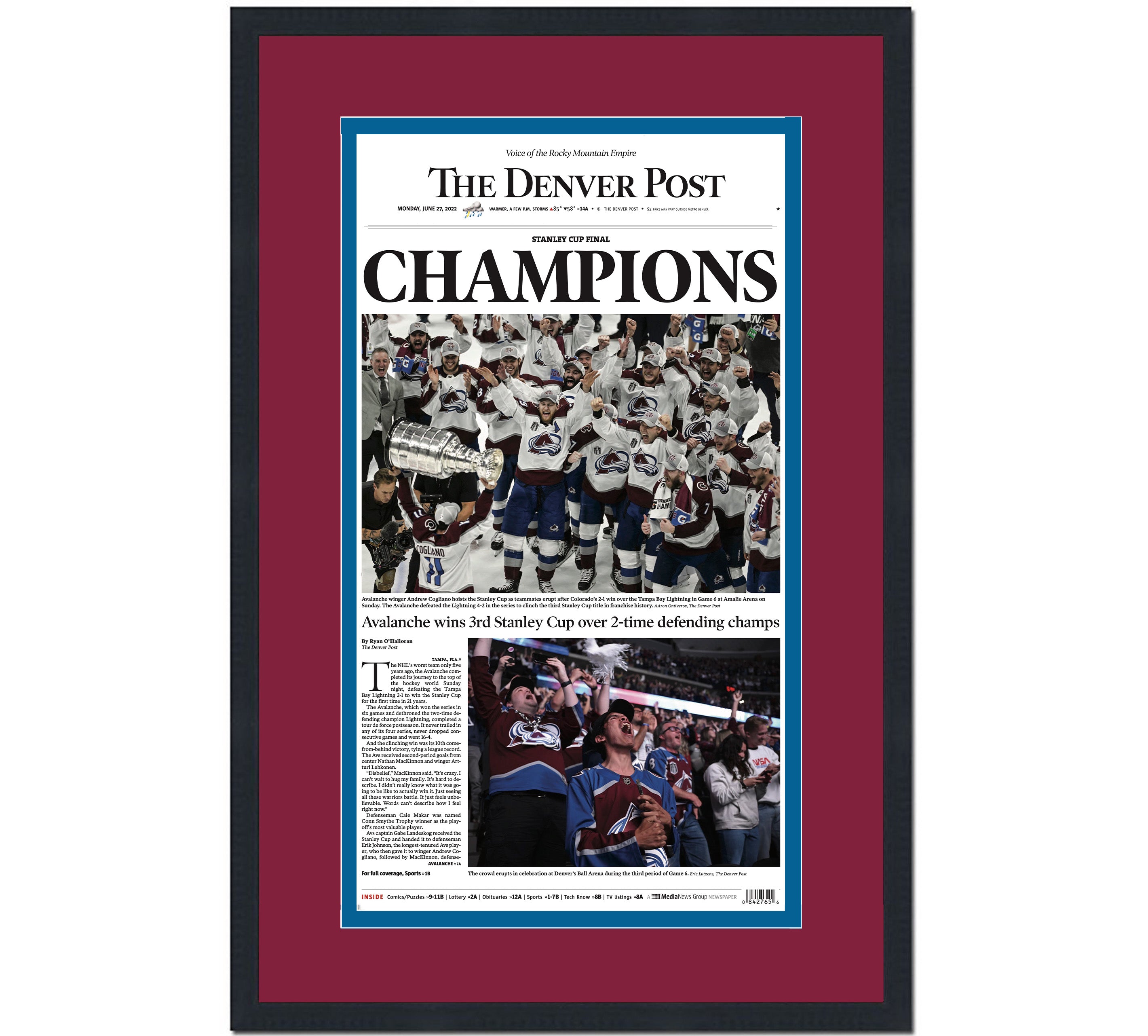 Framed Denver Post Colorado Avalanche 2022 Stanley Cup Champions 14x24 Hockey Newspaper Cover Photo Professionally Matted V1