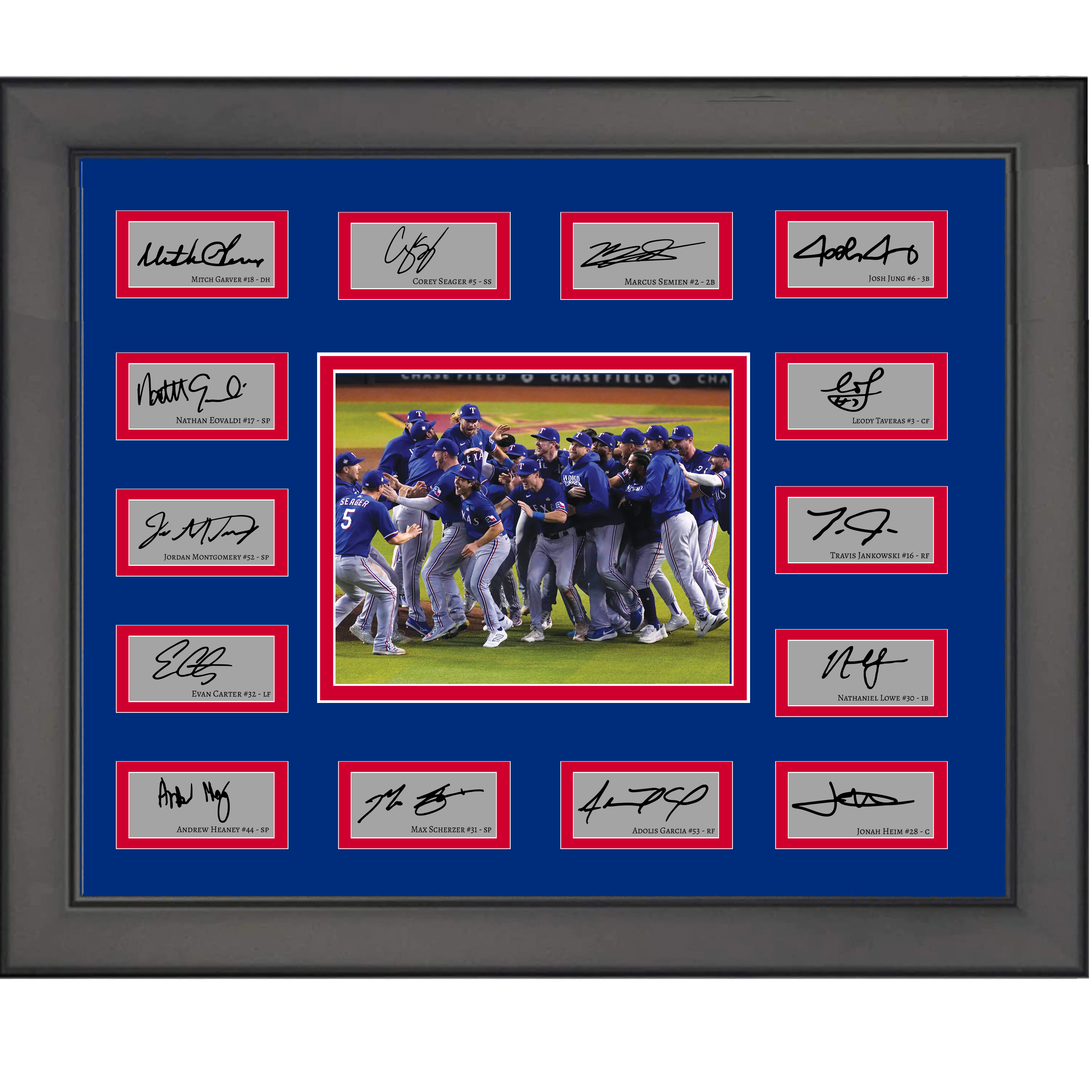 Framed 2023 Texas Rangers World Series Champions Team Facsimile Laser Engraved Signature Auto Collage 20x25 Baseball Photo
