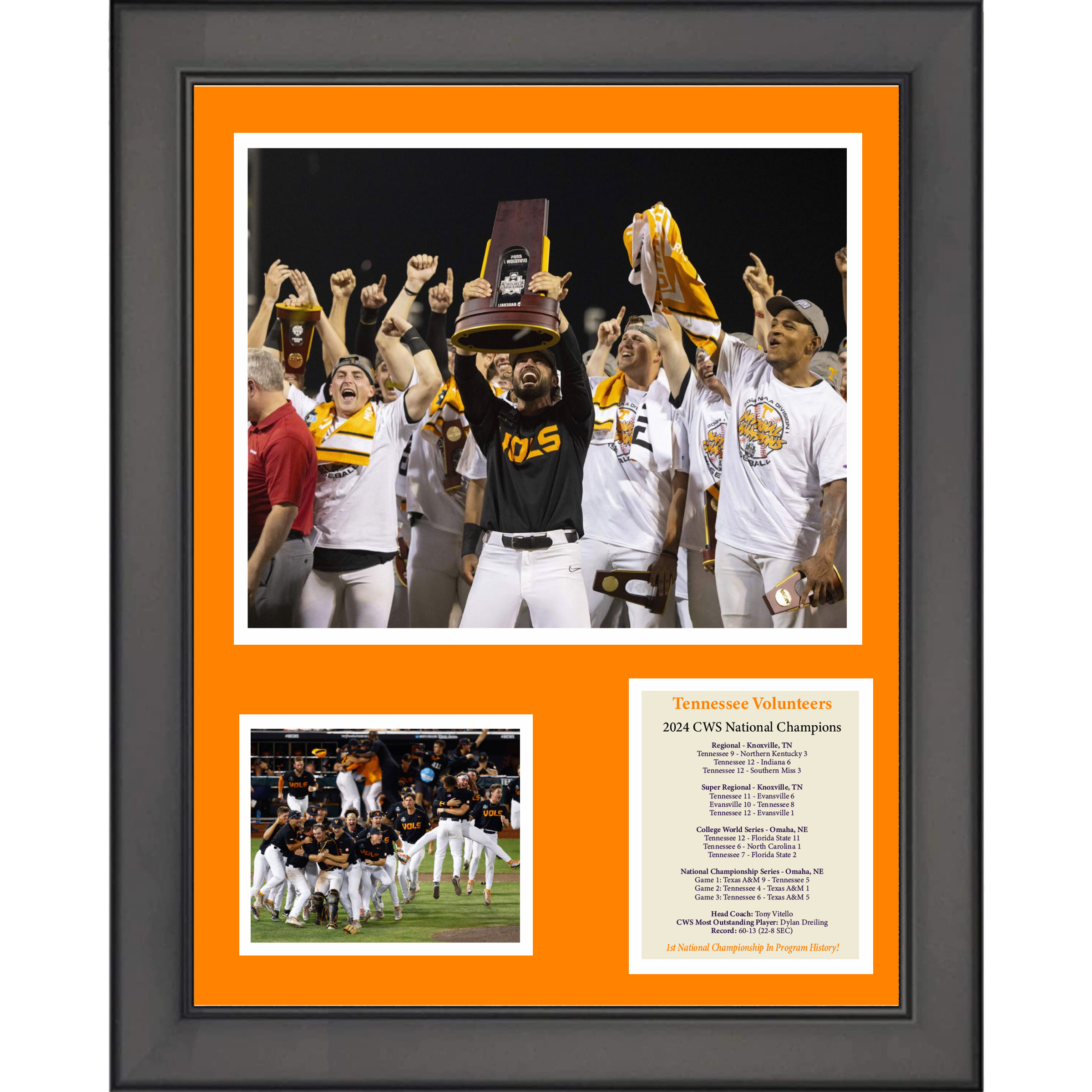 Framed Tennessee Volunteers 2024 Men's College World Series NCAA National Champions 11"x14" Baseball Three Photo Collage