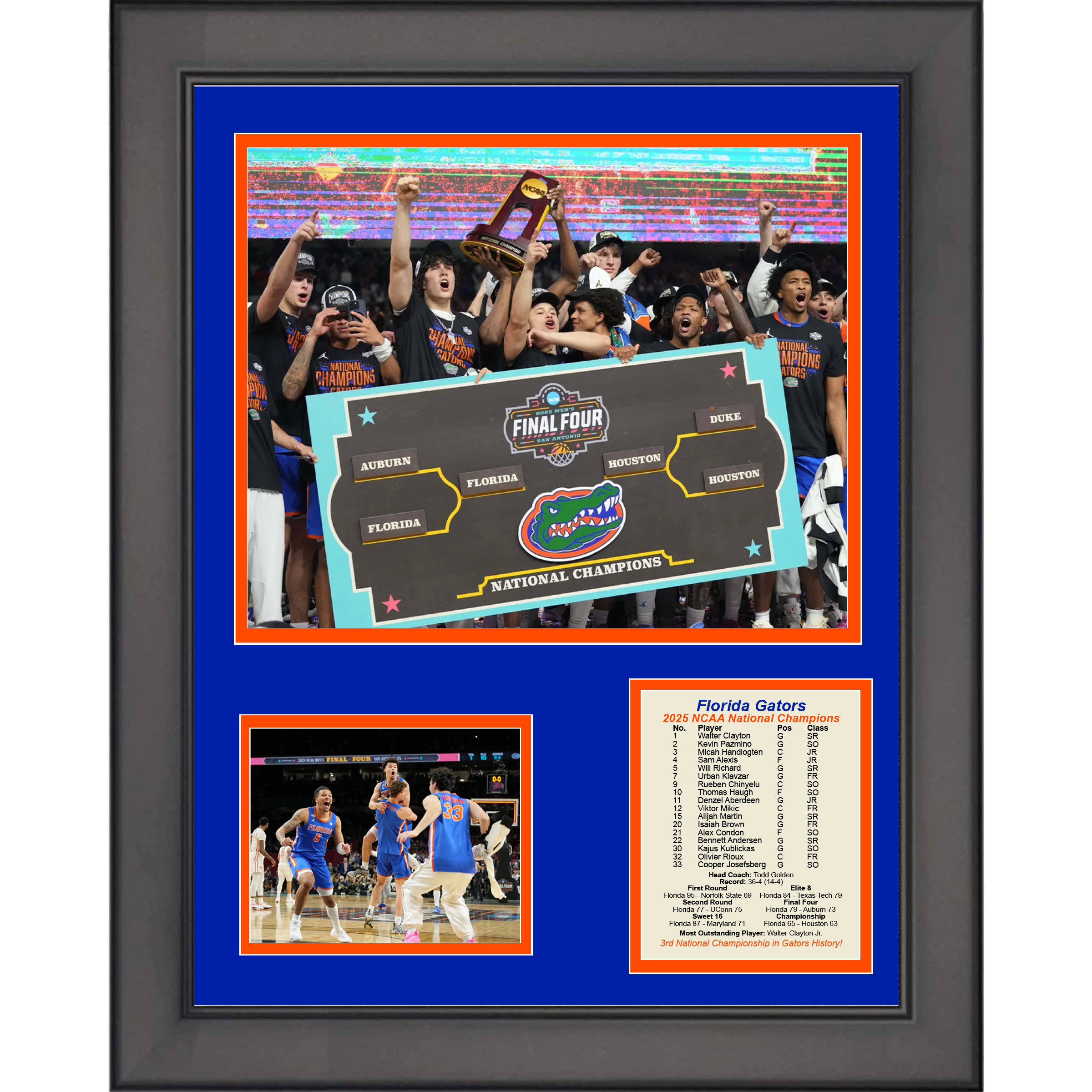 Framed Florida Gators 2025 Men's NCAA National Champions 11"x14" College Basketball Three Photo Collage