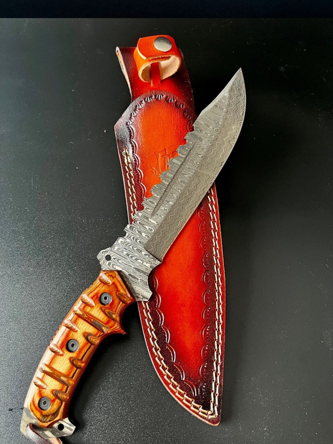 Custom Handmade Damascus Steel Fighter Bowie Knife with Exotic Wood Handle and Leather Sheath