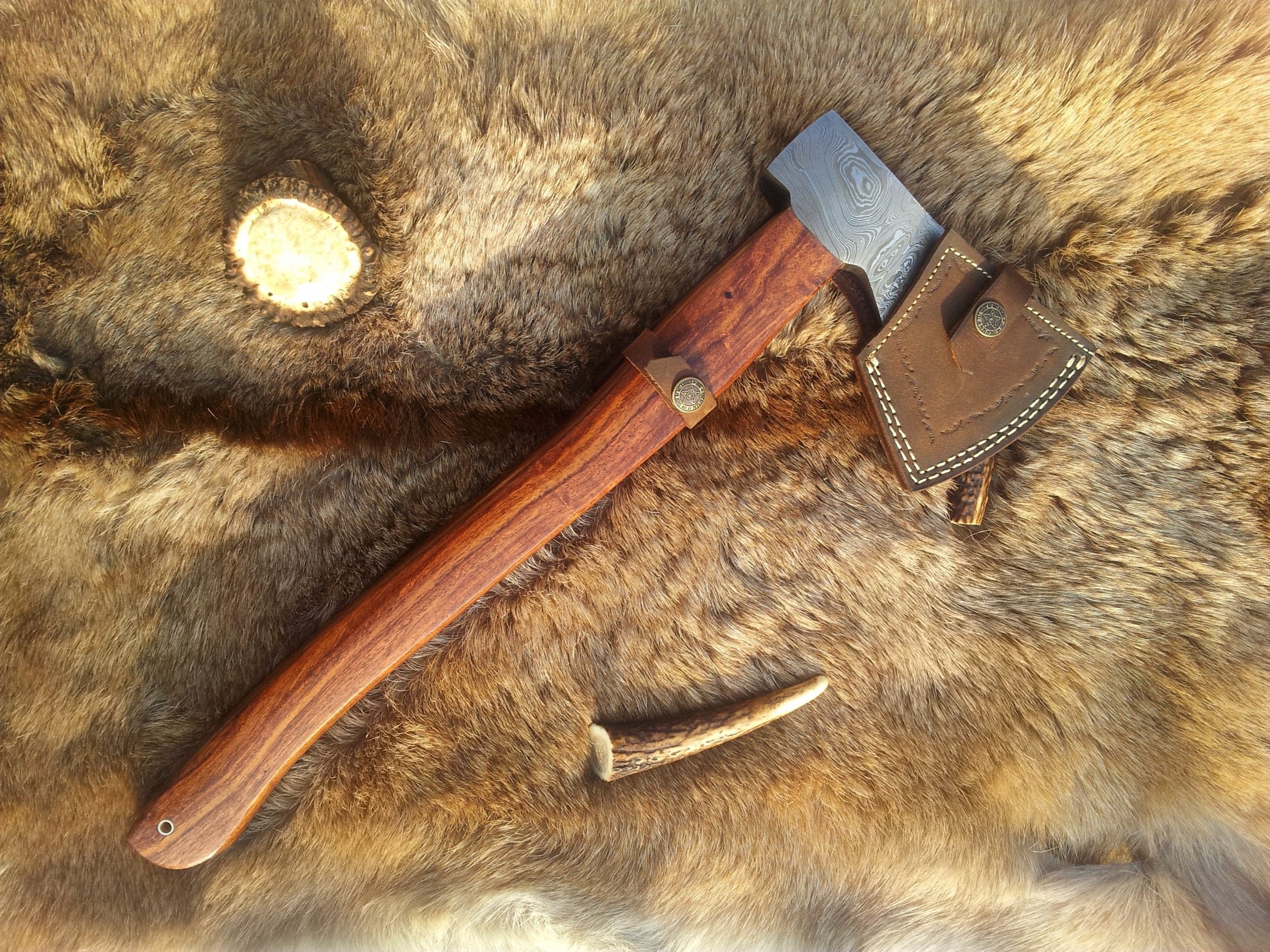 Handmade Custom Viking Axe with Damascus Steel Blade, Rosewood Handle, and Leather Sheath - KBS Knives Store