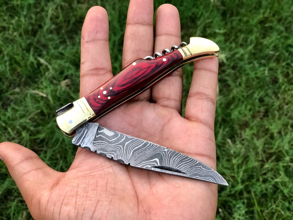 New Custom Handmade Damascus Steel Steak Blade Pocket Knife With Corkscrew Wine Opener