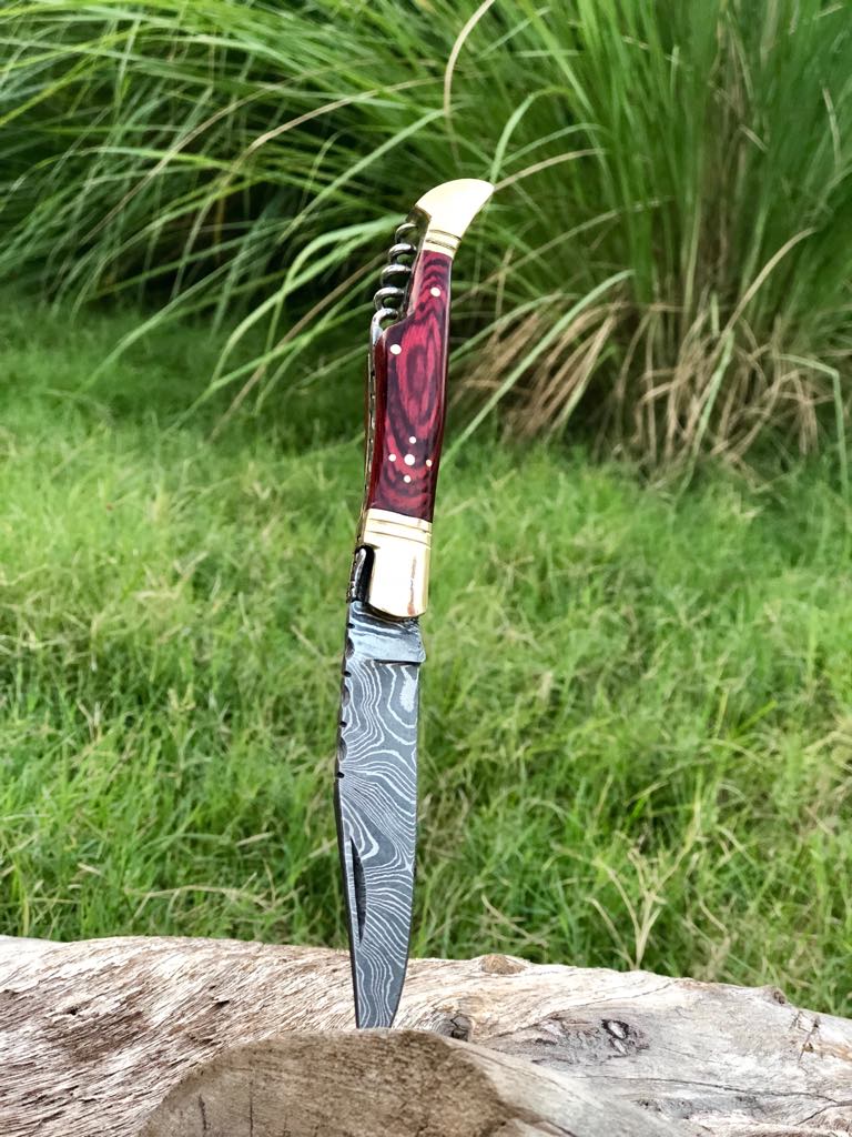 New Custom Handmade Damascus Steel Steak Blade Pocket Knife With Corkscrew Wine Opener