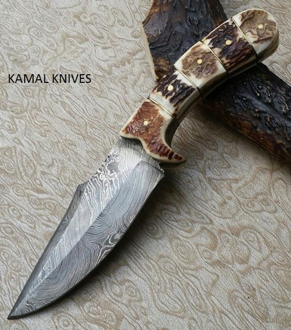 Custom Handmade Damascus Hunters Knife with Leather Sheath
