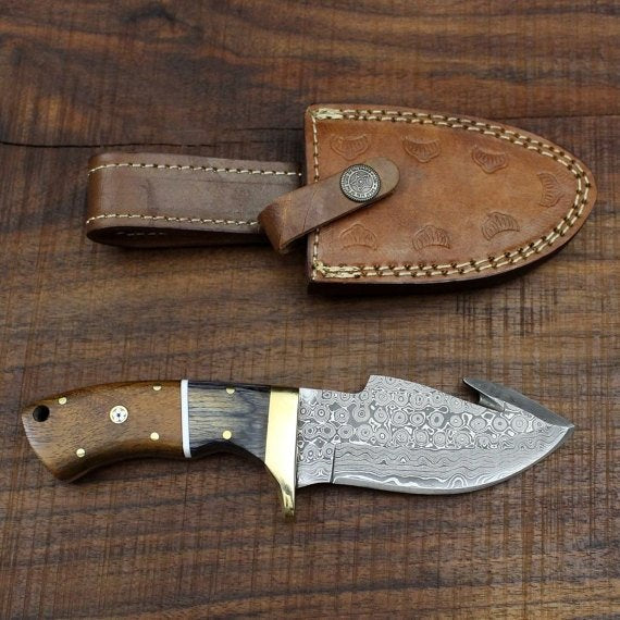 Full Tang Custom Handmade Damascus Steel Raindrop Guthook Skinning Knife