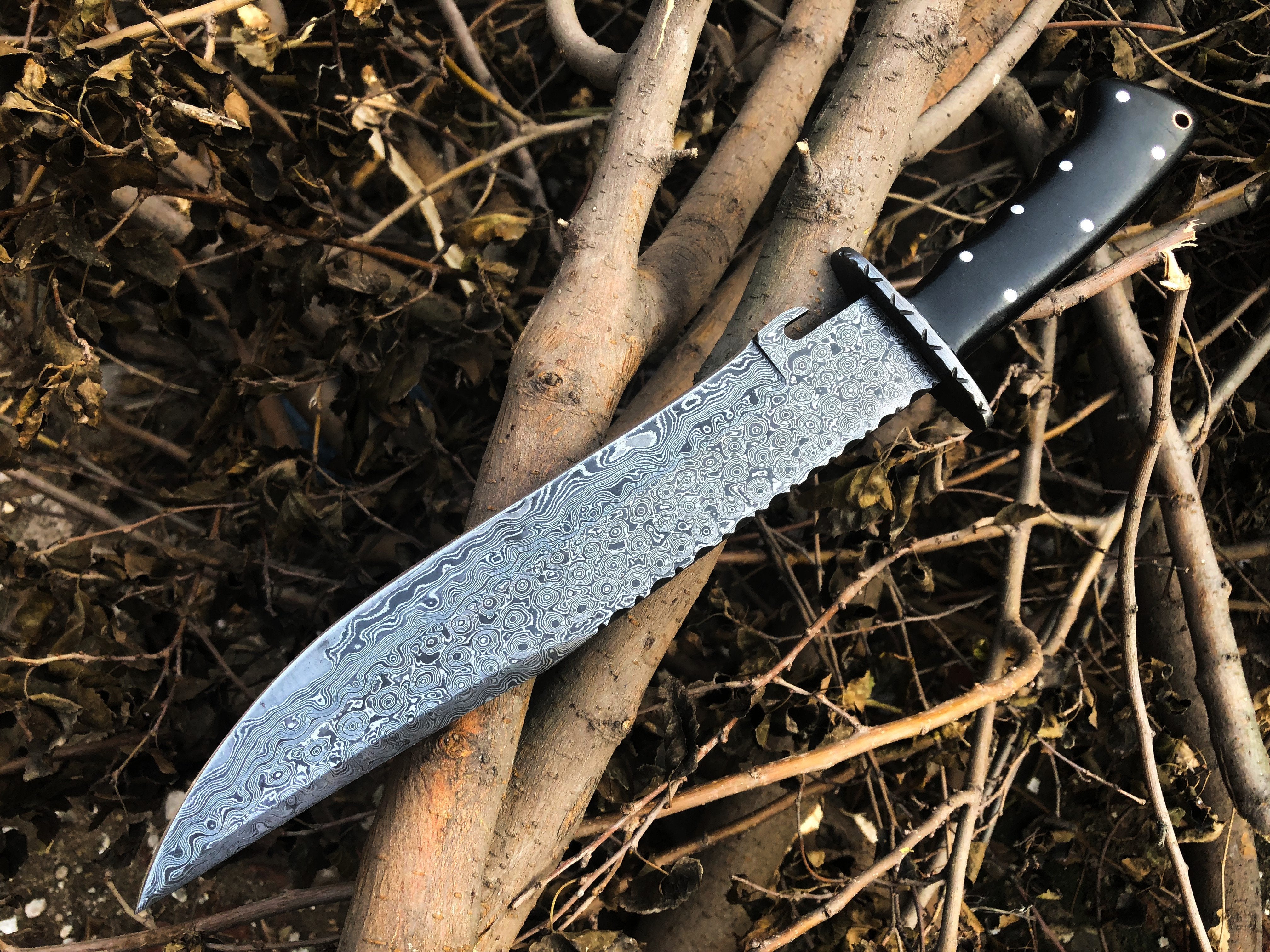 "Best Hunting Big Bowie Knife | Full Tang Raindrop Damascus Blade | Canvas Micarta & Damascus Guard Handle | 17 Inches | Leather Sheath | KBS Knives Store"