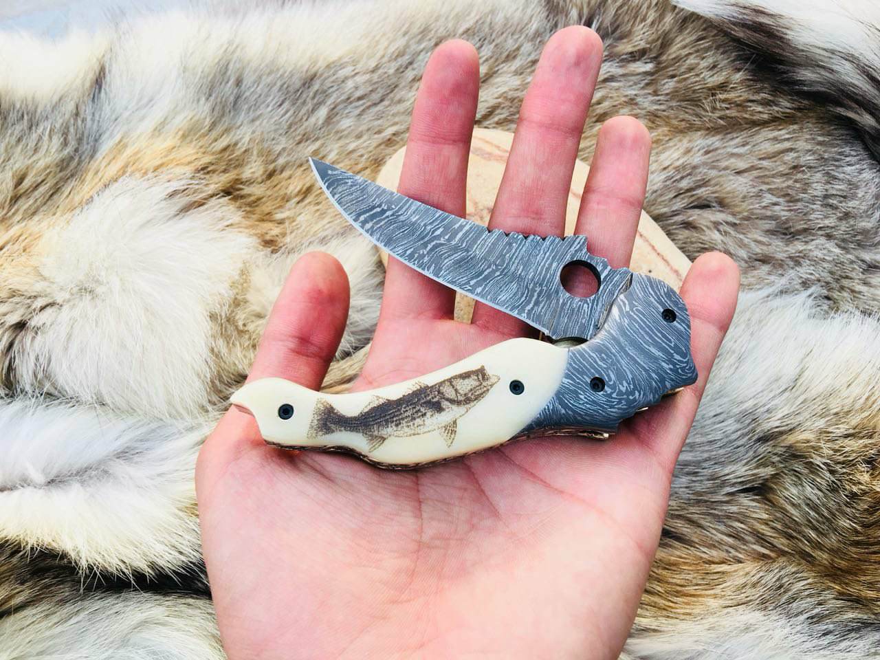 Custom Handmade Damascus Steel Engraved Folding Pocket Knife with Hand-Engraved Bone Handle and Leather Case