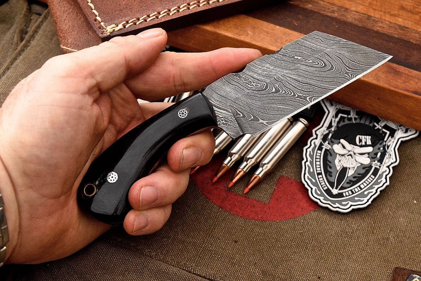 Custom Handmade Damascus Buffalo Horn Sheepsfoot Razor Hunting EDC Knife