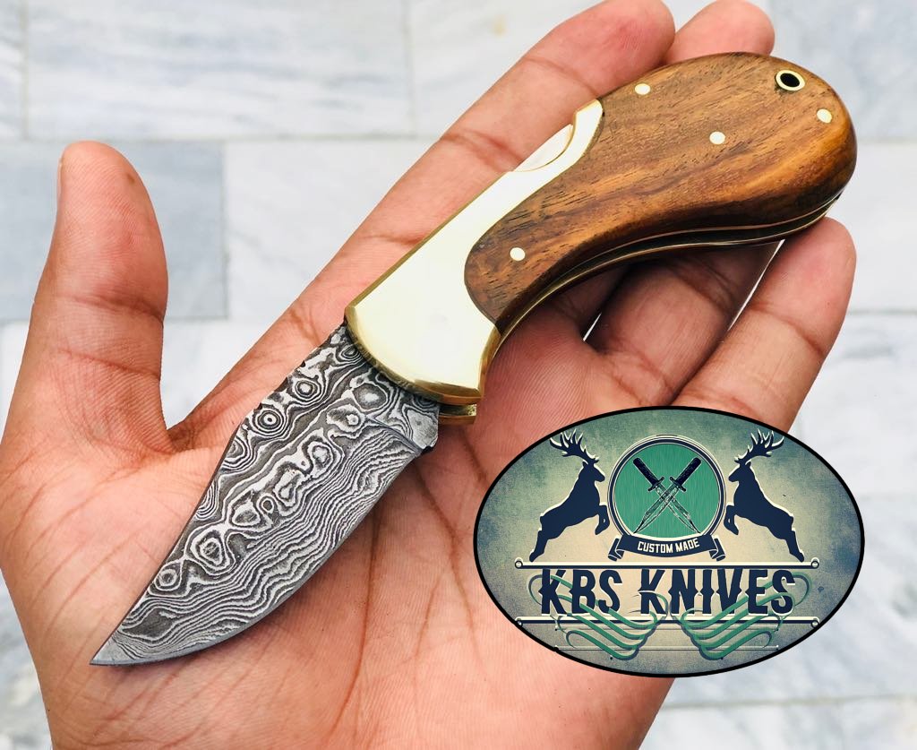 Custom Handmade Damascus Steel New Folding Pocket Knife with Rosewood Handle and Leather Case by KBS Knives Store.