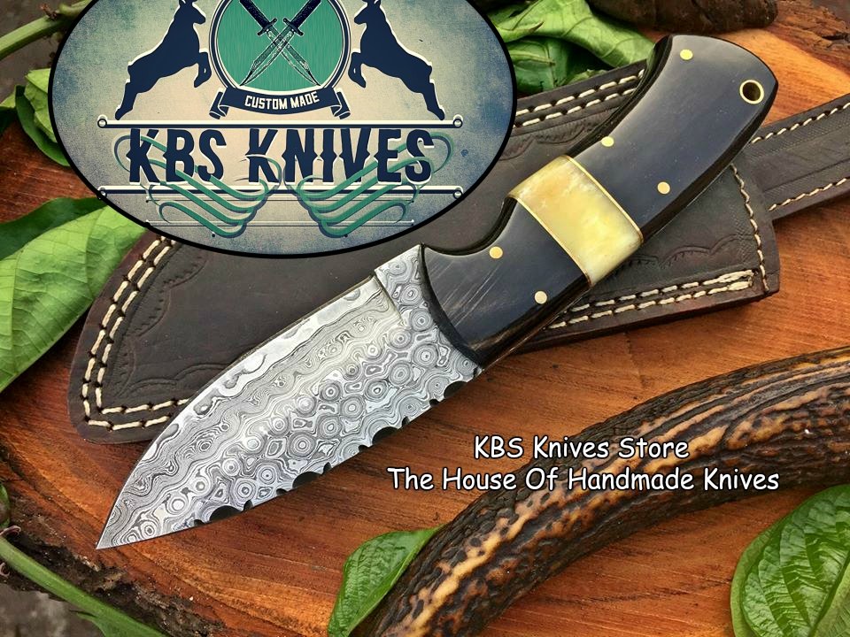 Custom Handmade Raindrop Damascus Steel Hunting EDC Skinning Knife
