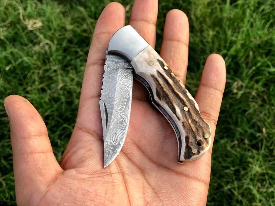 Beautiful Custom Handmade Damascus Steel EDC back Lock Pocket knife