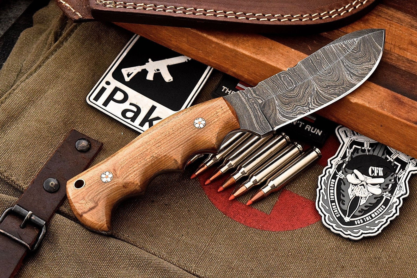 Custom Handmade Damascus Olive Wood Skinning Hunting Skinner EDC Knife