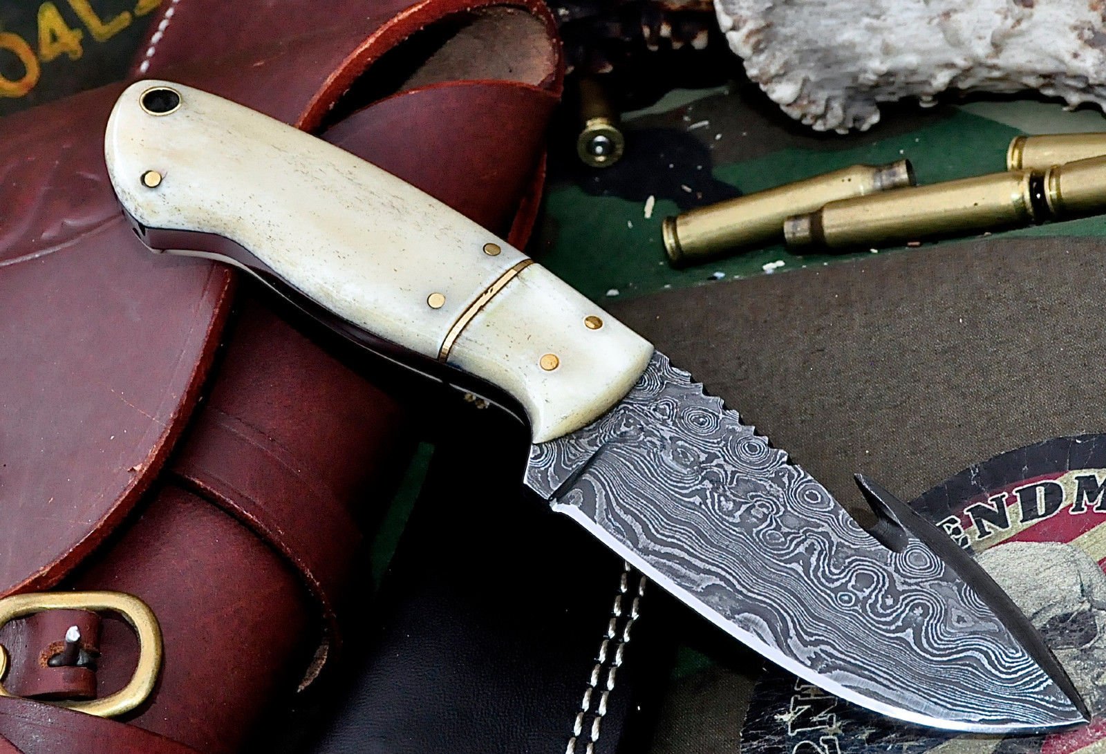 Custom Handmade Damascus Steel Guthook Skinning Knife