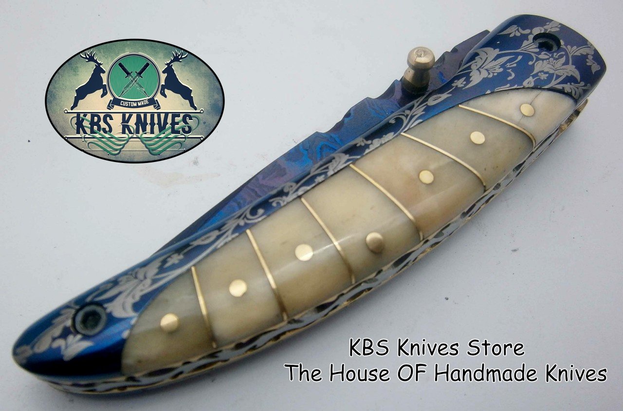 New Custom Handmade Patina-Color Damascus EDC Folding Knife