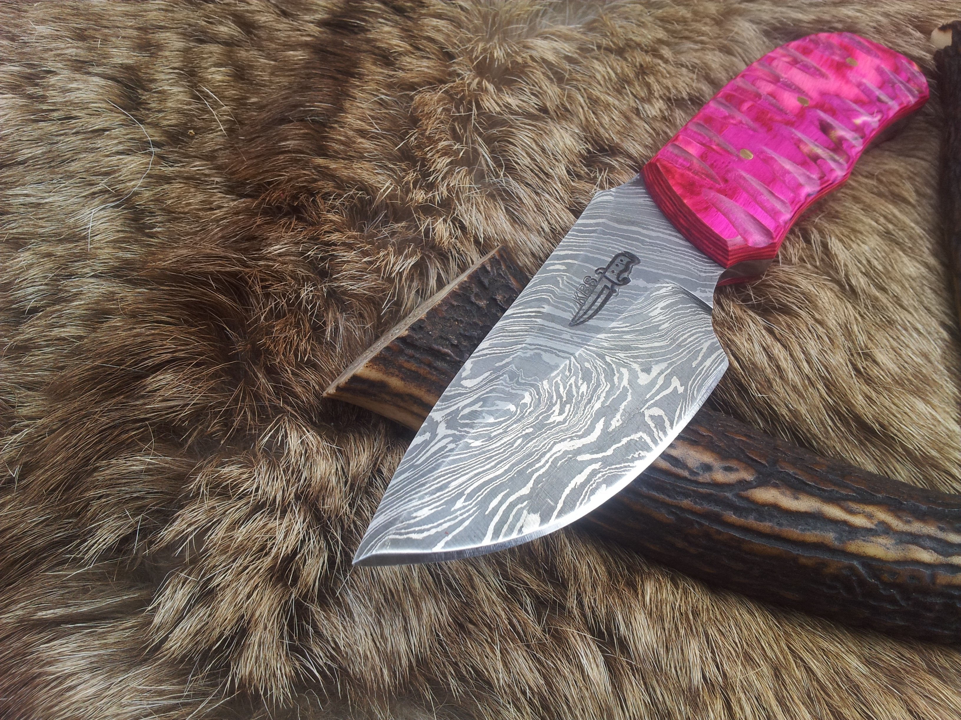 Exotic Pink Pakka Wood Damascus Steel Drop Point Skinning Knife – 7 Inch Overall Length