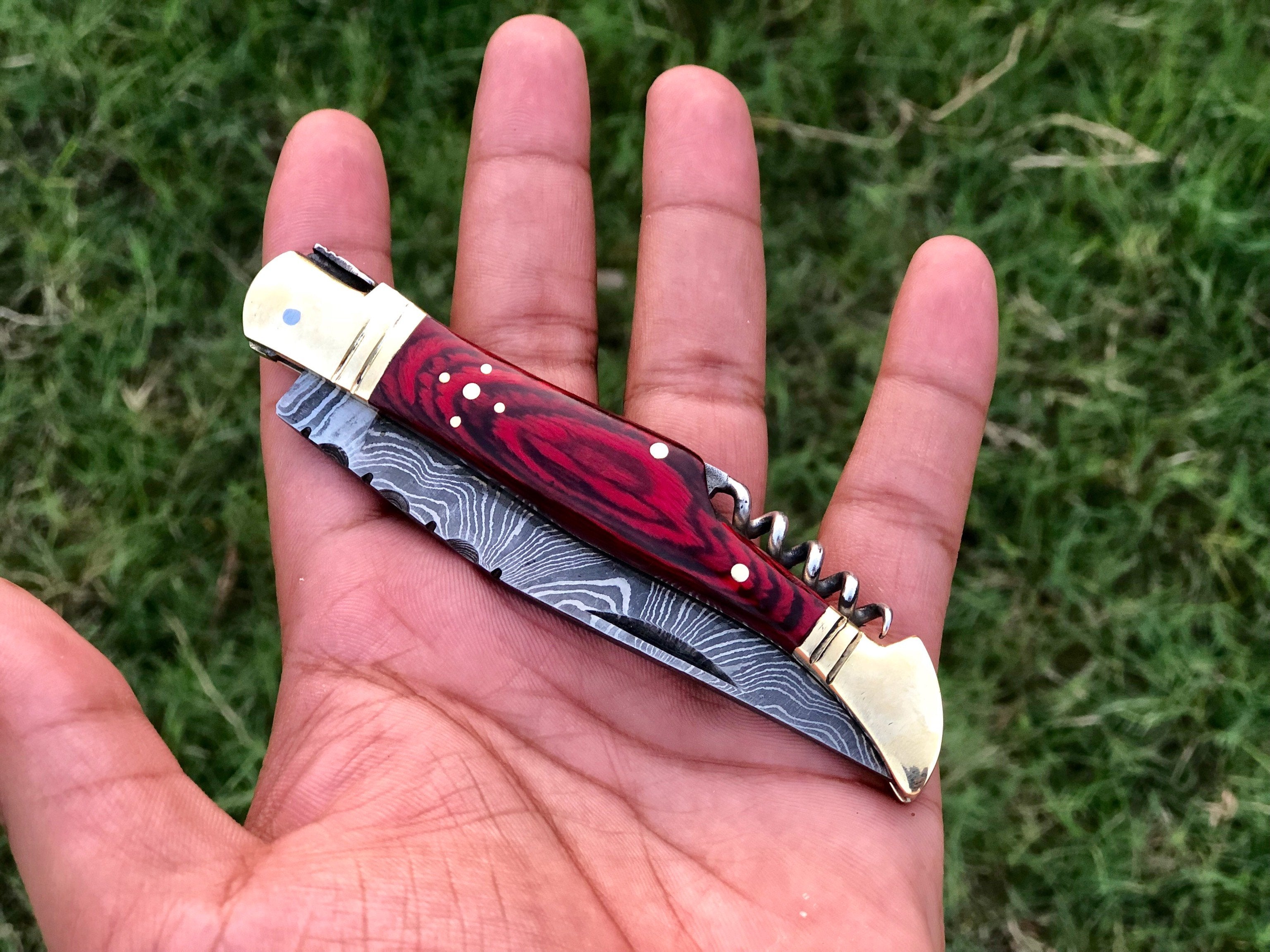 New Custom Handmade Damascus Steel Steak Blade Pocket Knife With Corkscrew Wine Opener