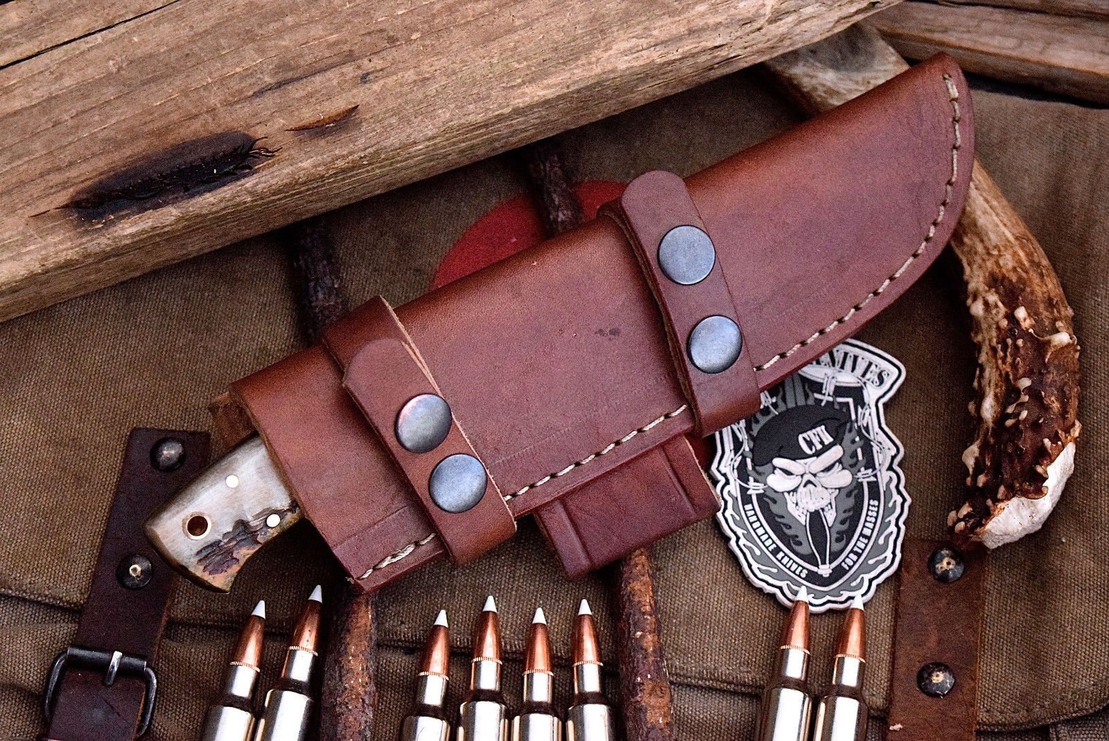 Handcrafted Deer Hunting Knife with Damascus Steel & Sheep Horn Handle