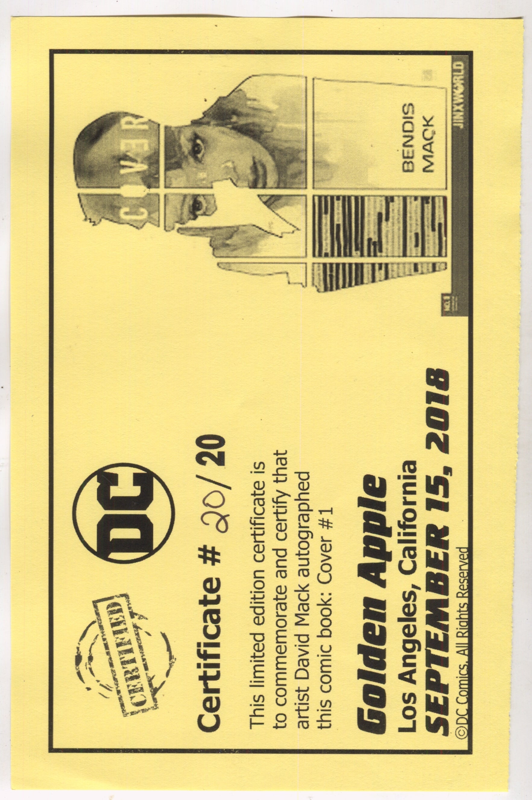 Cover 1 A DC 2018 NM Signed David Mack LTD 20 Brian Michael Bendis