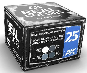 AK Interactive RCS25 Real Colors: WWII USN & USMC Aircraft Late Acrylic Lacquer Paint Set (4) 10ml Bottles